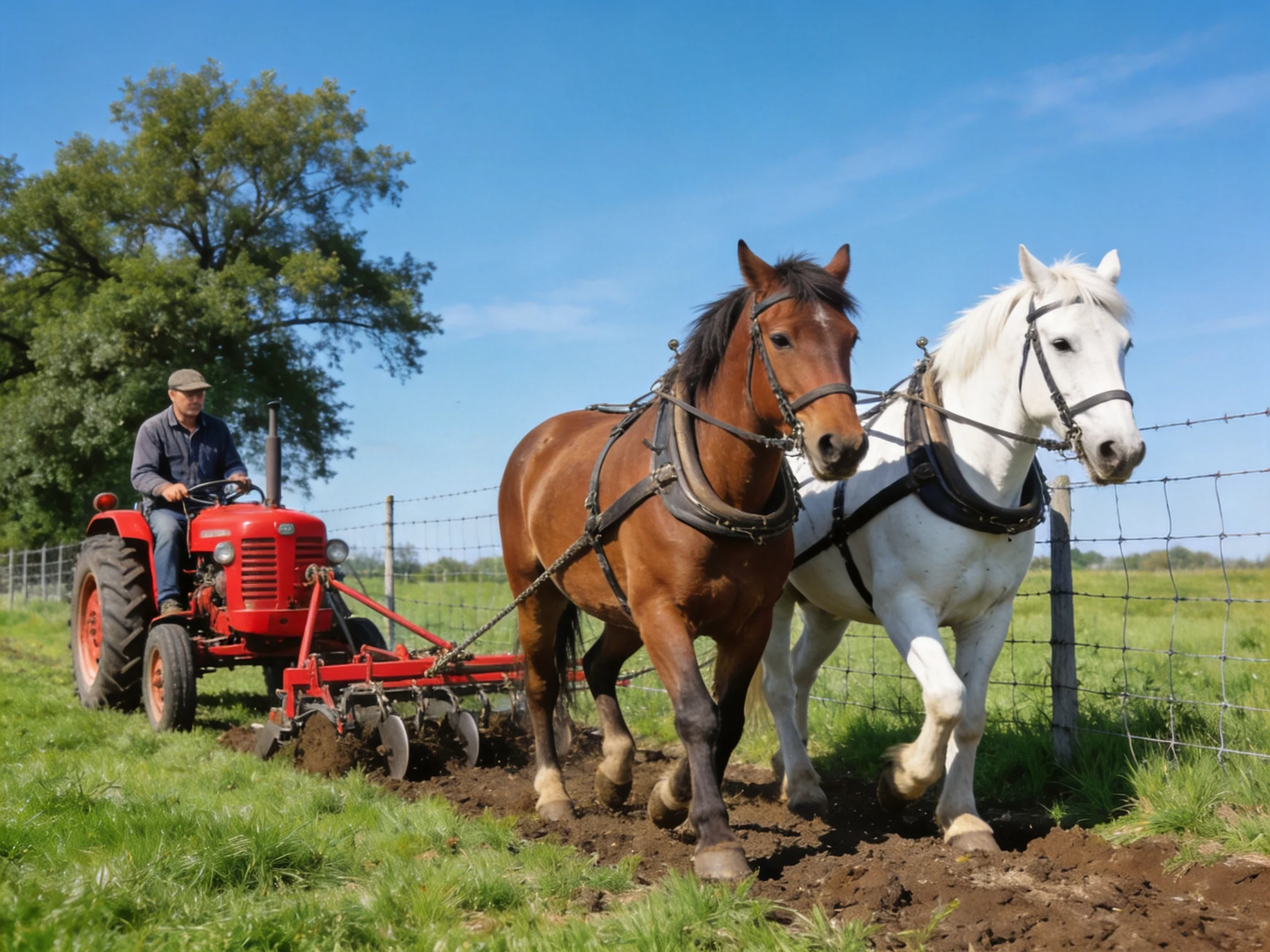A farmer drives a red tractor with two horses plowing a green field