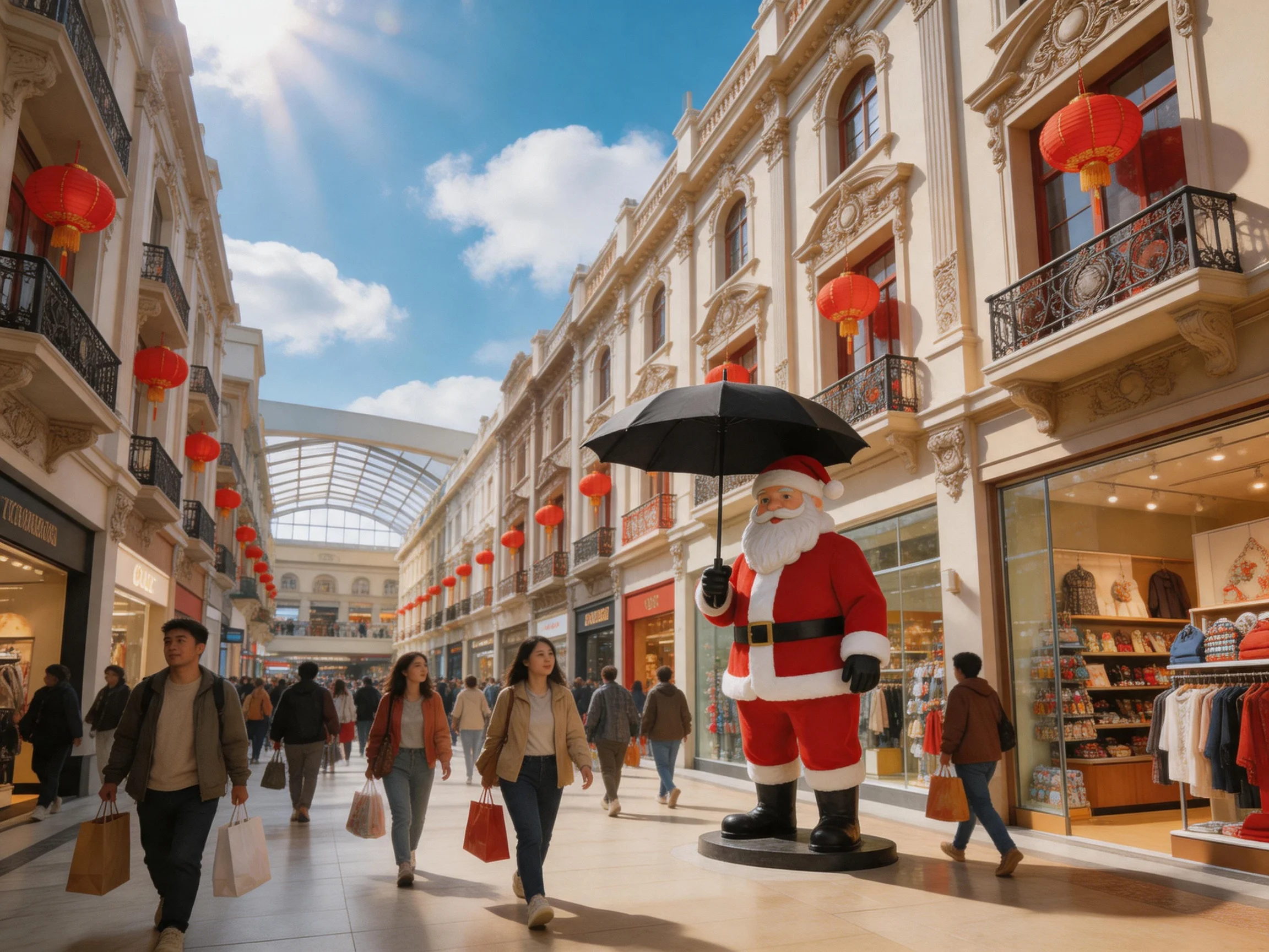 A festive shopping street with red lanterns and a giant Santa figure