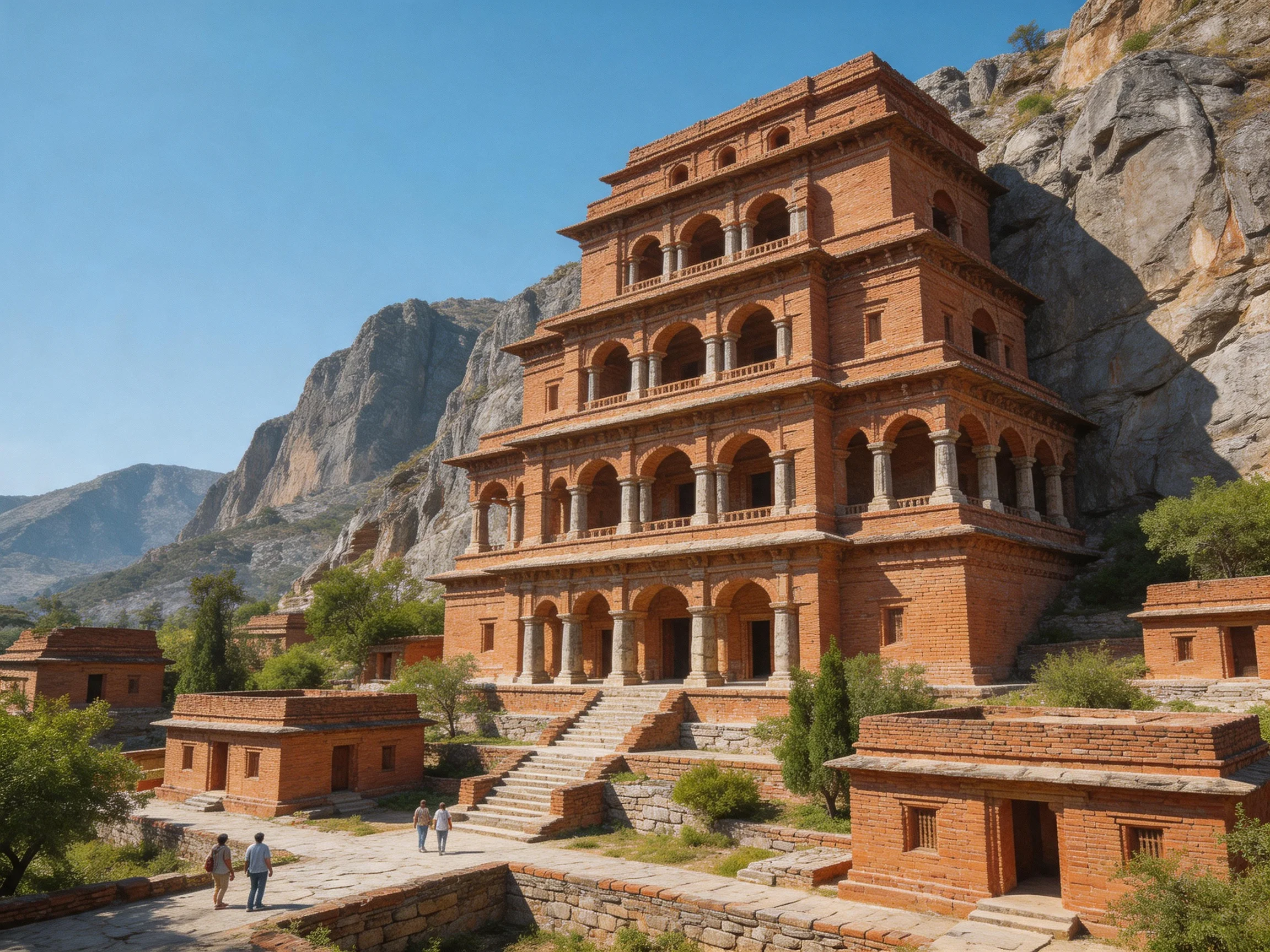 A five - story ancient brick tower nestled beside rocky cliffs