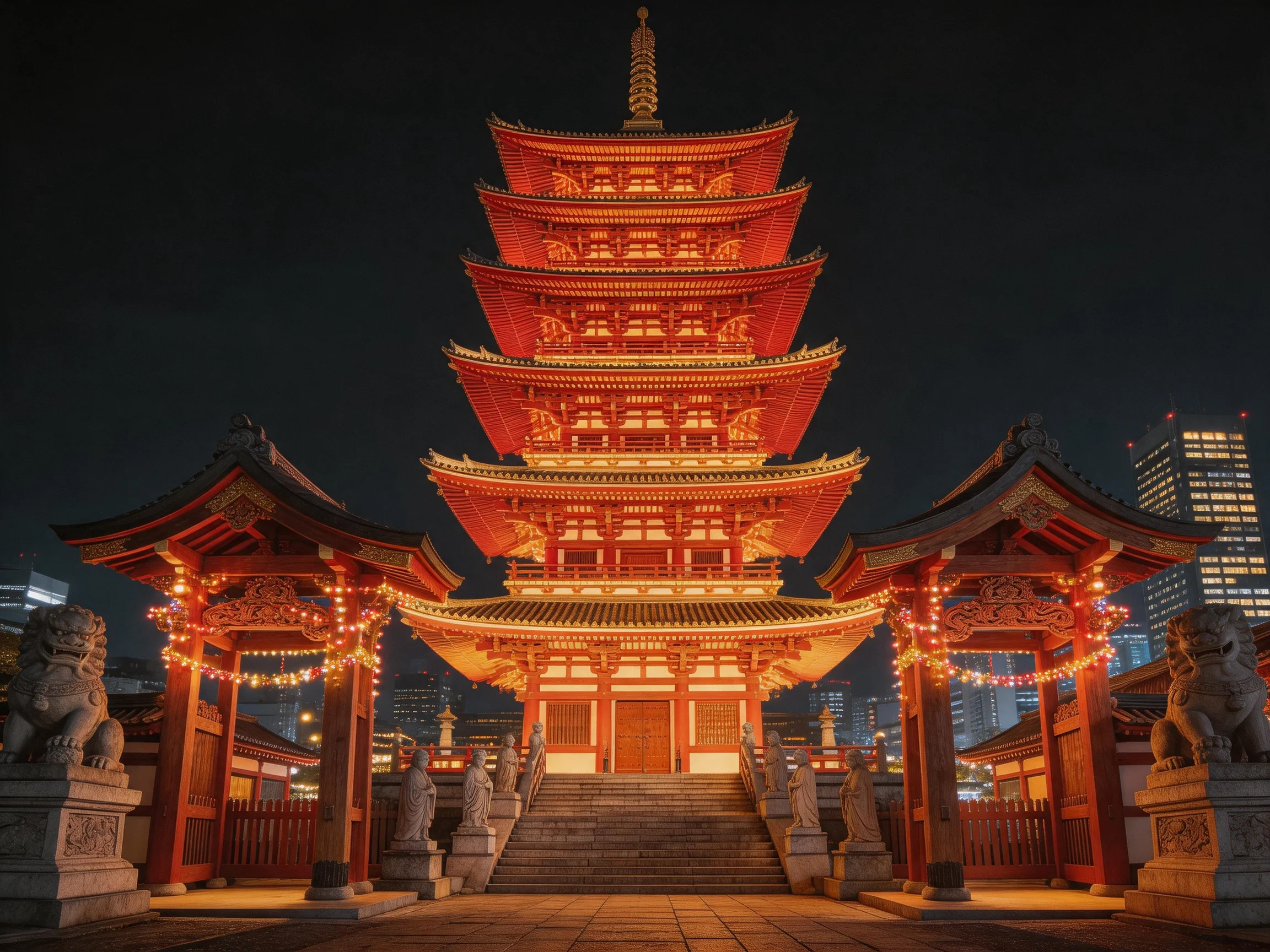 A five - tiered red pagoda illuminated against the night sky