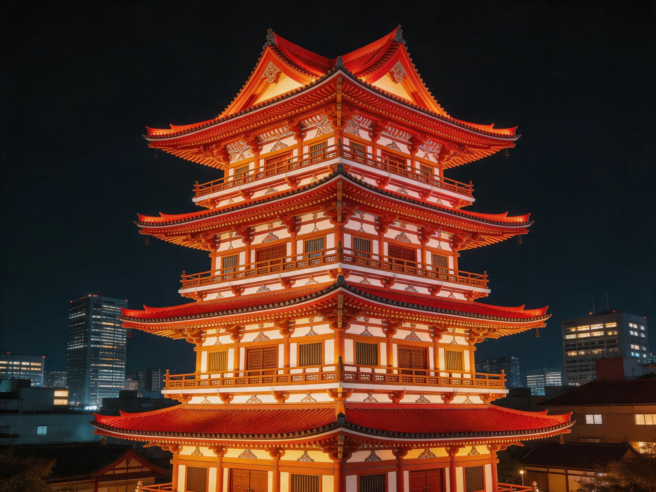 A five-tiered red-roofed pagoda tower illuminated at night