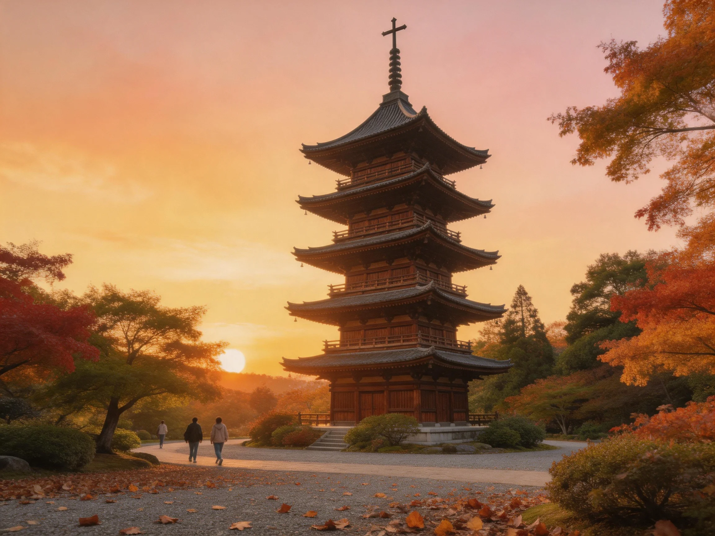 A five-tiered wooden pagoda amidst autumn foliage at sunset
