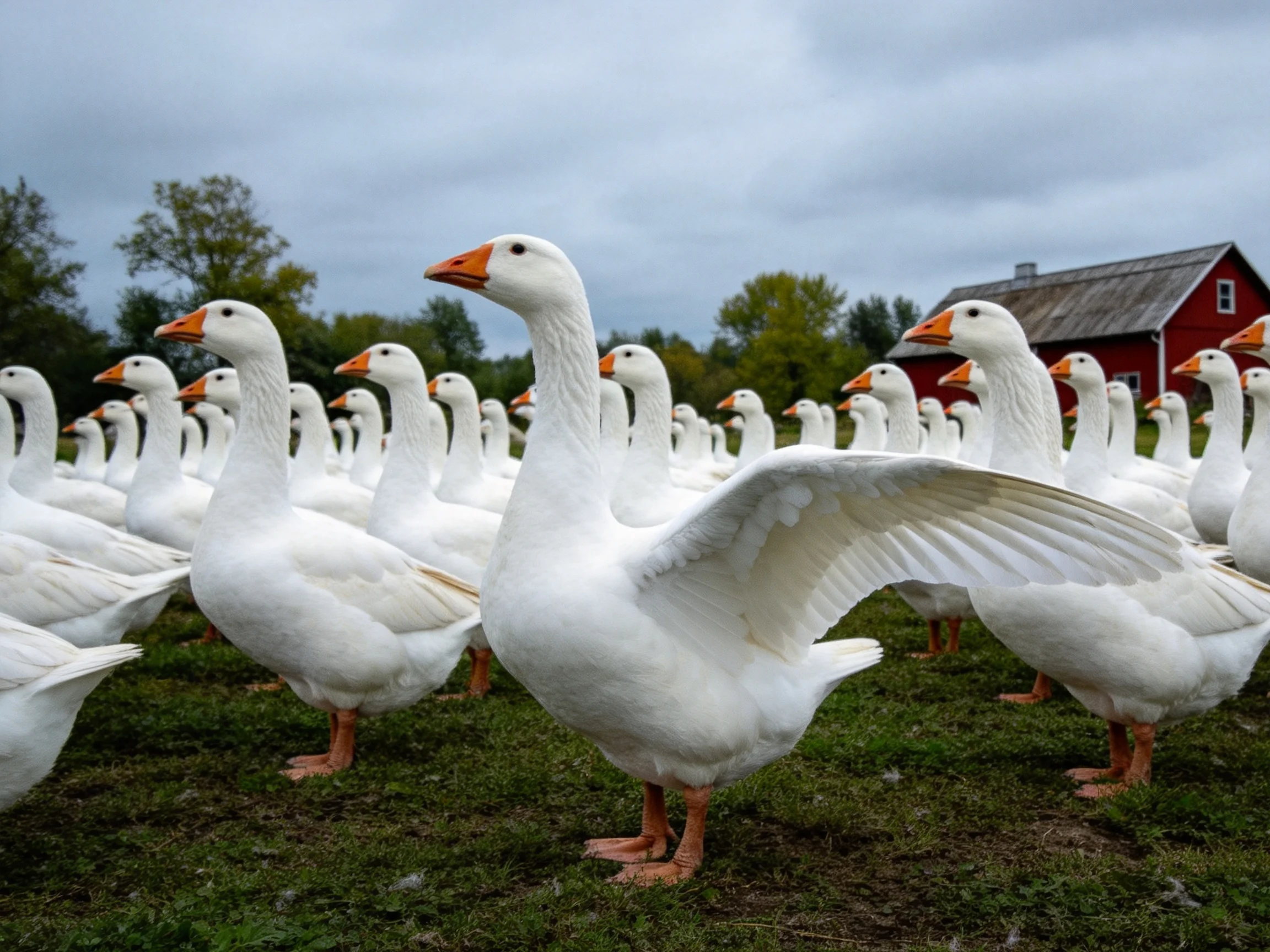 A flock of white geese gathered near a red barn under overcast skies