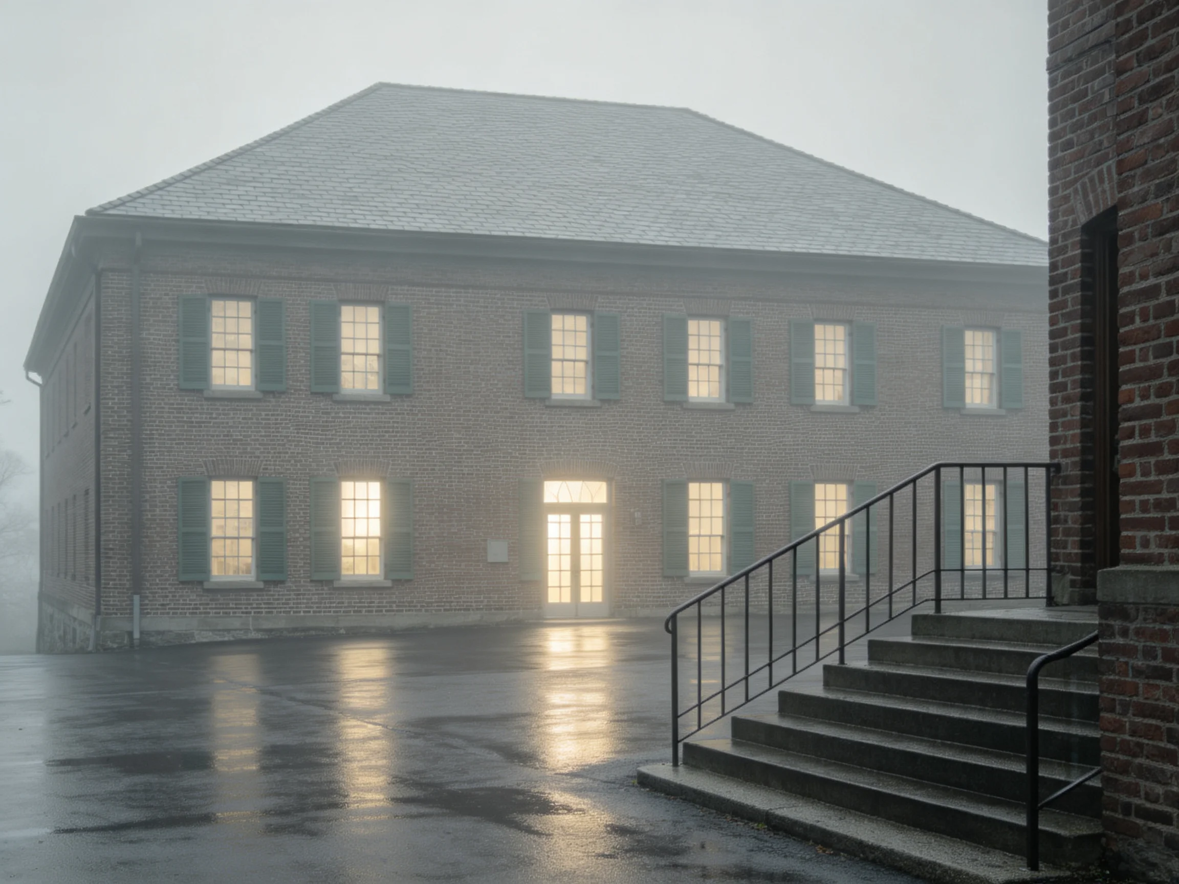 A fog - shrouded brick building with illuminated windows and stone steps