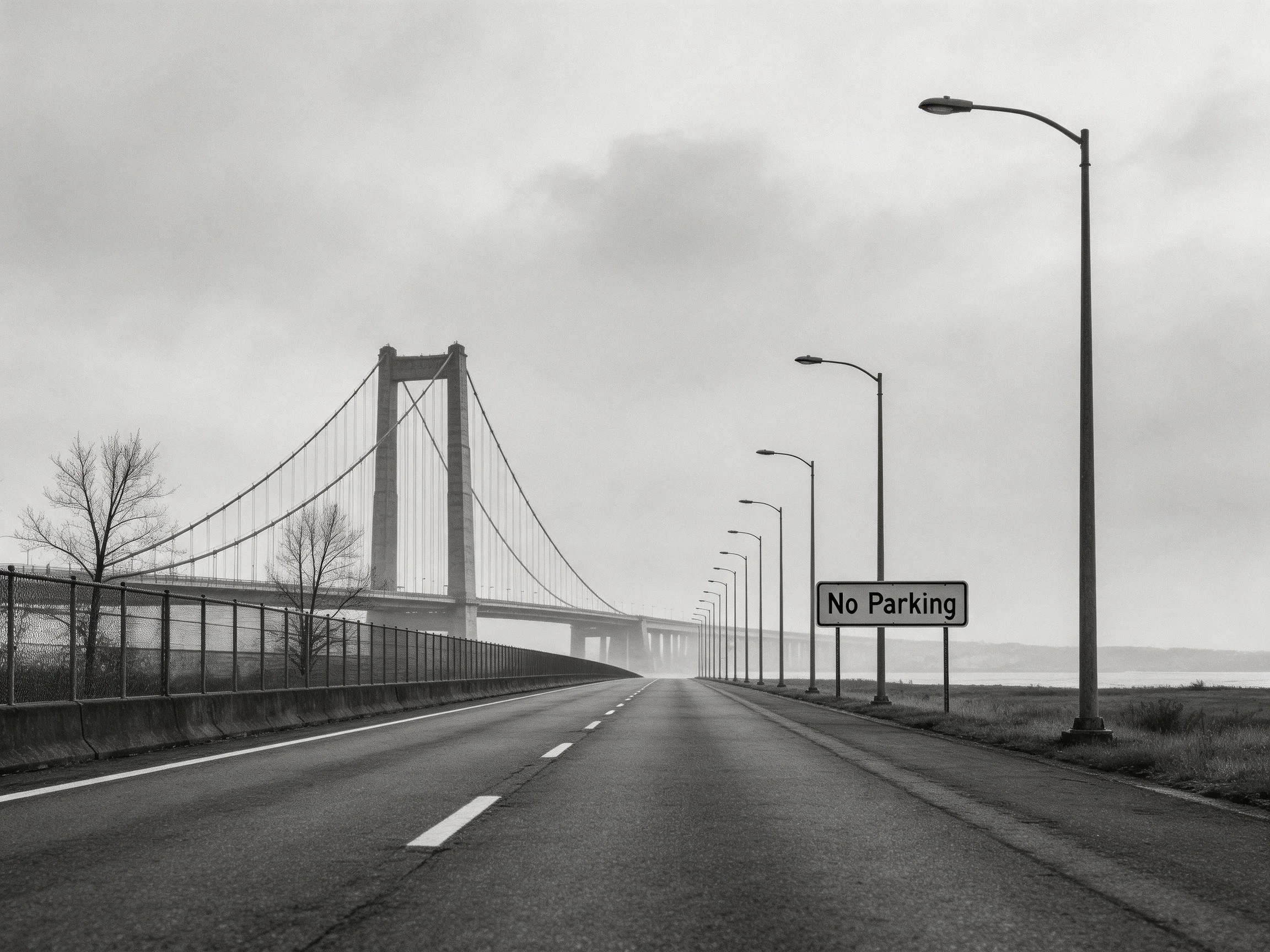 A foggy highway leads toward a suspension bridge with street lamps