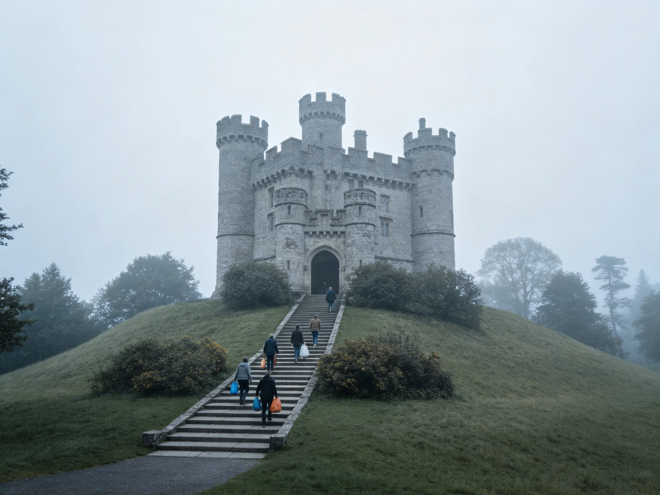 A foggy stone castle with visitors ascending a staircase