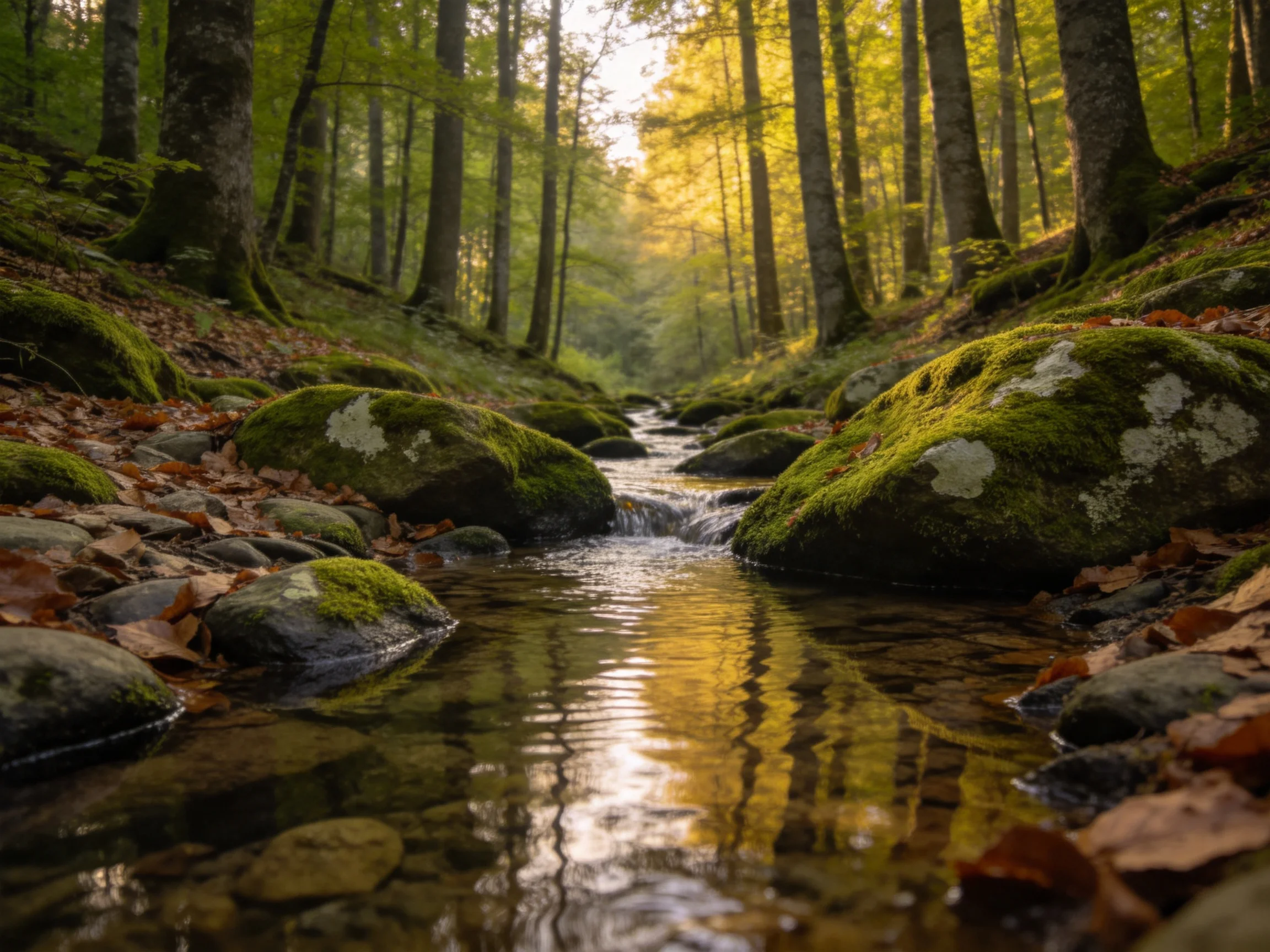 A forest stream flows between moss-draped rocks in a sunlit woodland