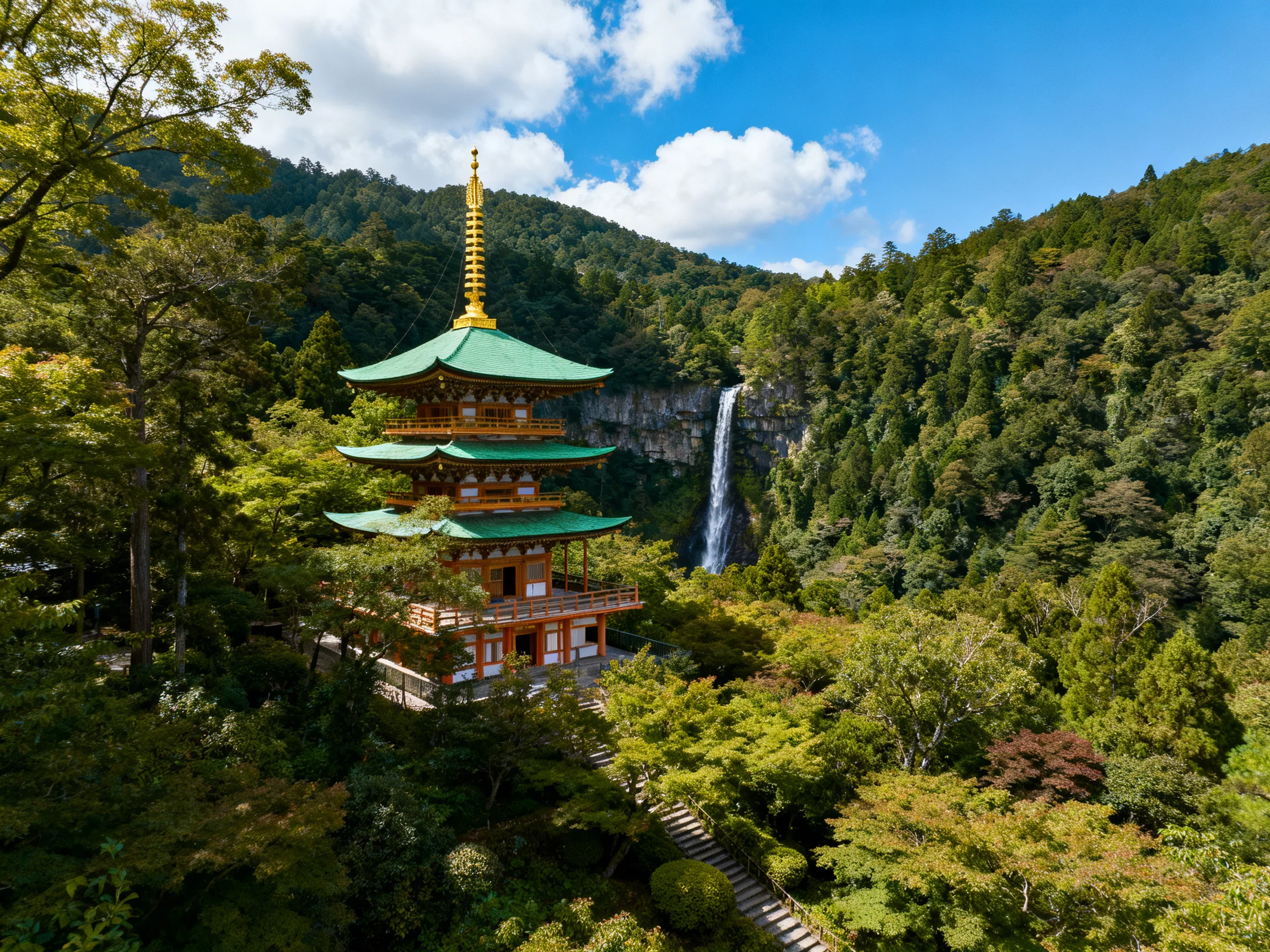 A four-tiered pagoda with green roofs near a waterfall in dense forest