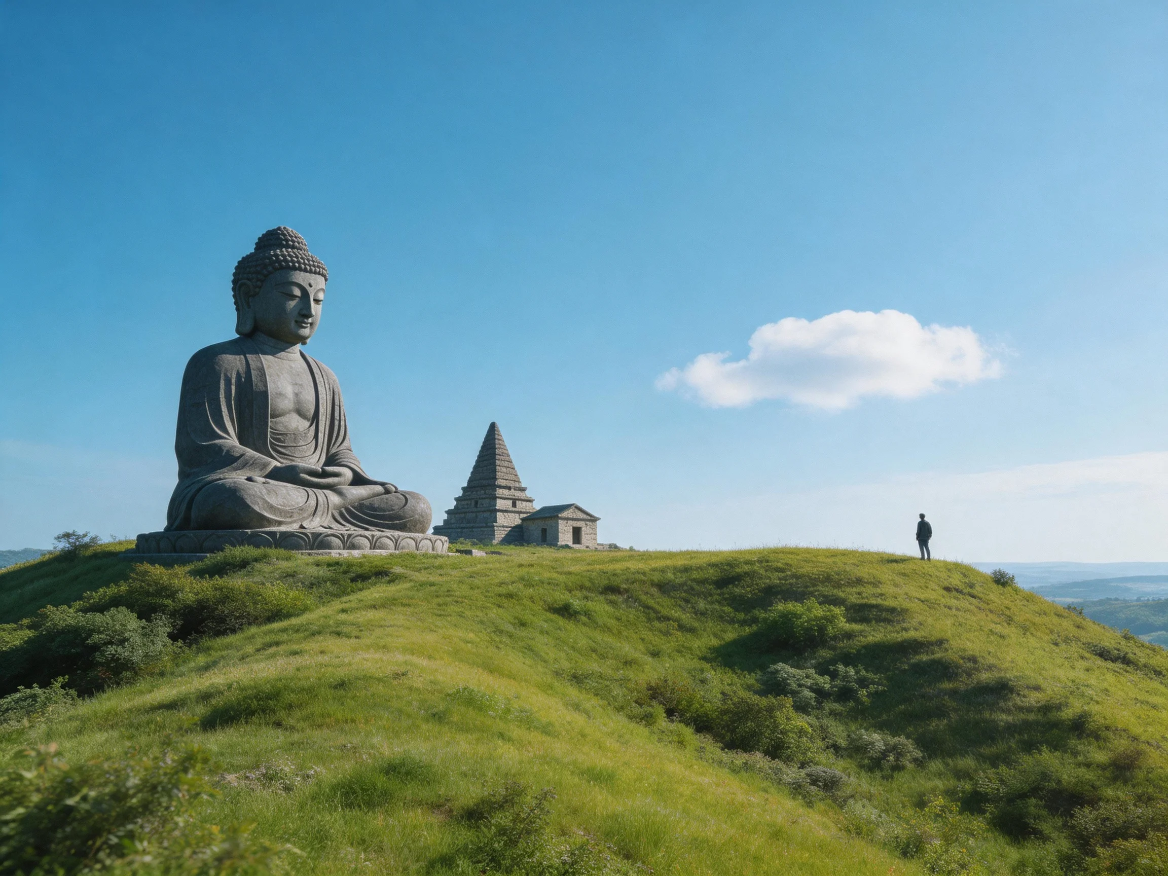 A giant Buddha statue sits on a verdant hillside with ancient buildings