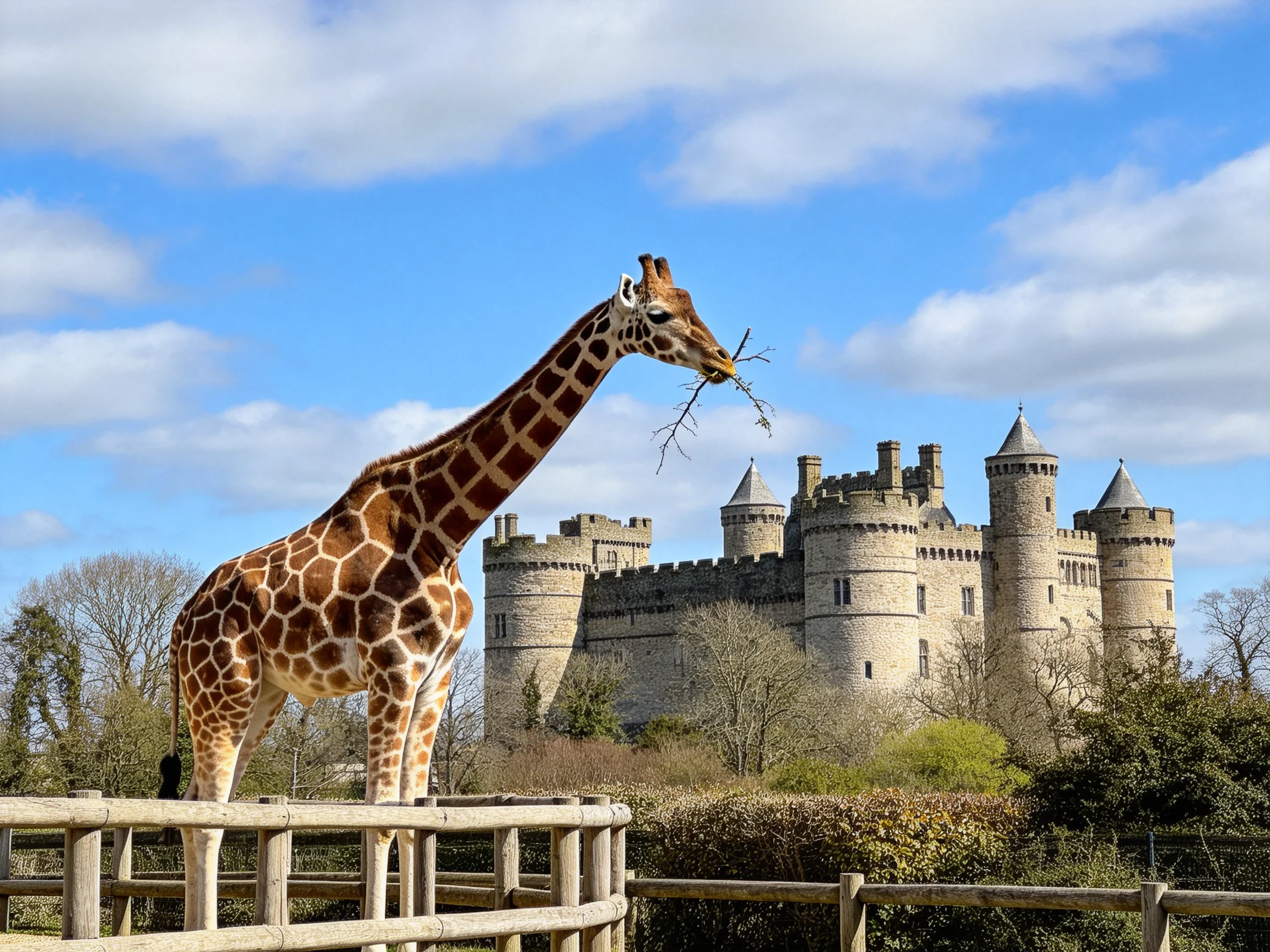 A giraffe with spotted patterns stands near a historic stone castle under a bright blue sky