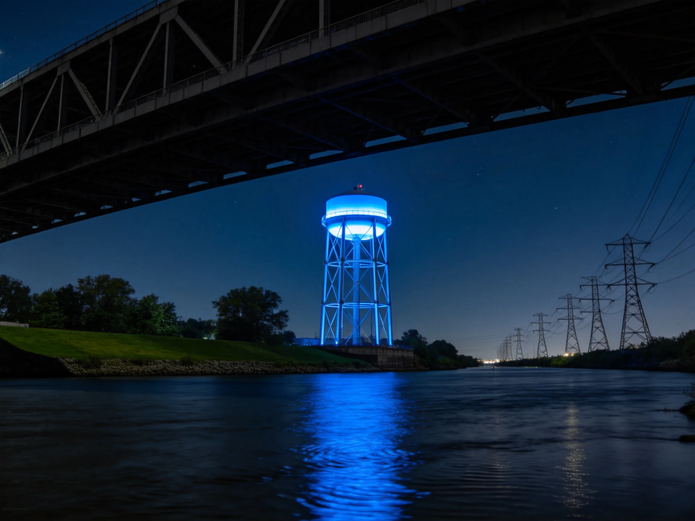 A glowing blue water tower beneath a dark bridge over calm waters