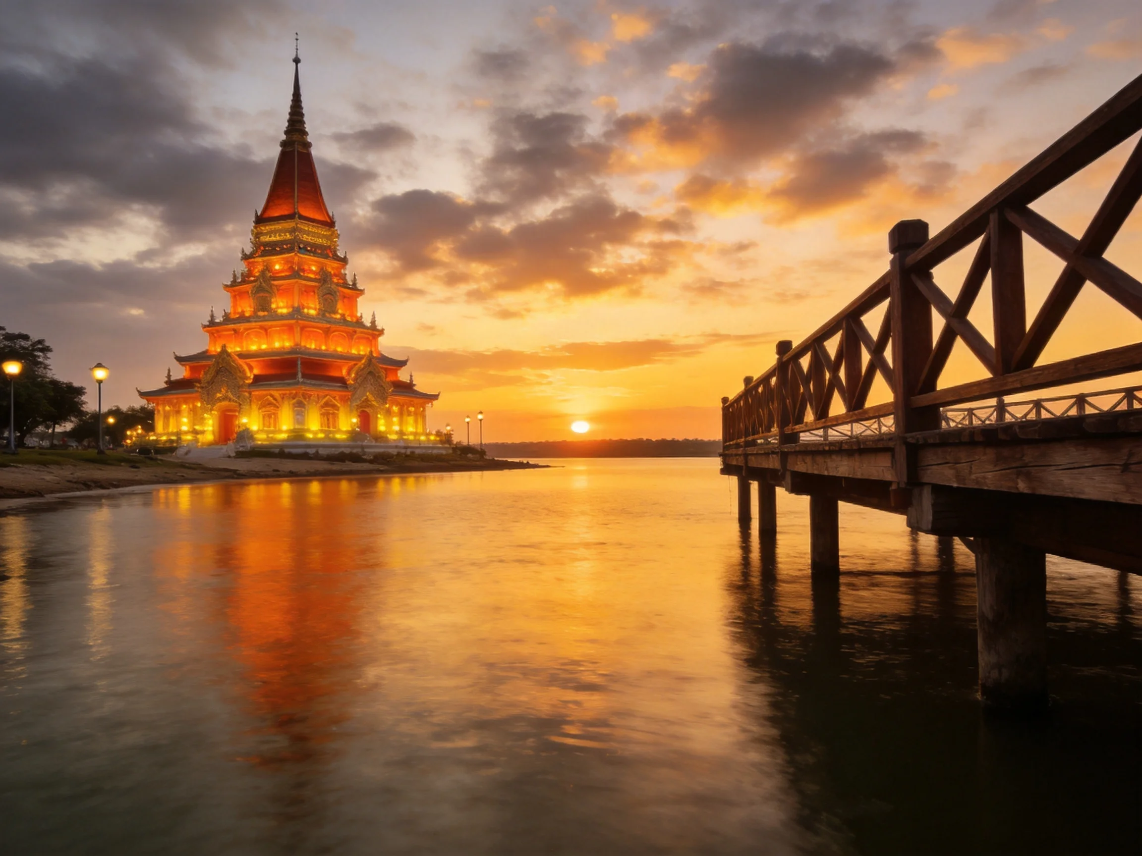 A glowing orange temple by calm waters at sunset