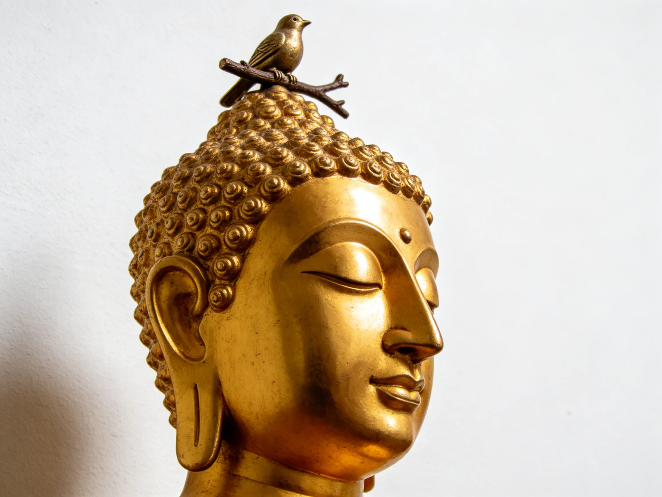 A golden Buddha head sculpture with a small bird figurine perched on its crown
