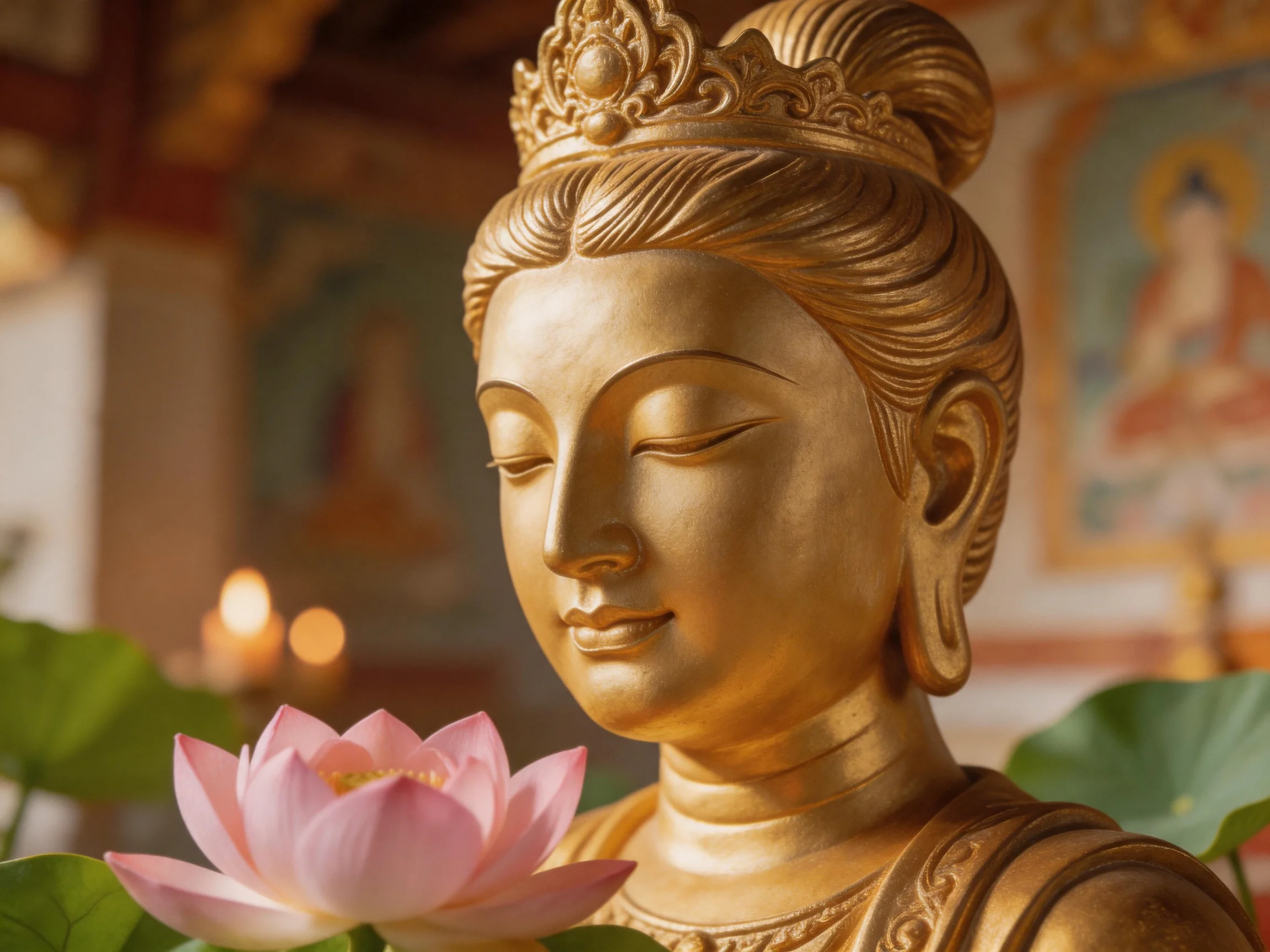 A golden Buddha statue holding a pink lotus in a temple