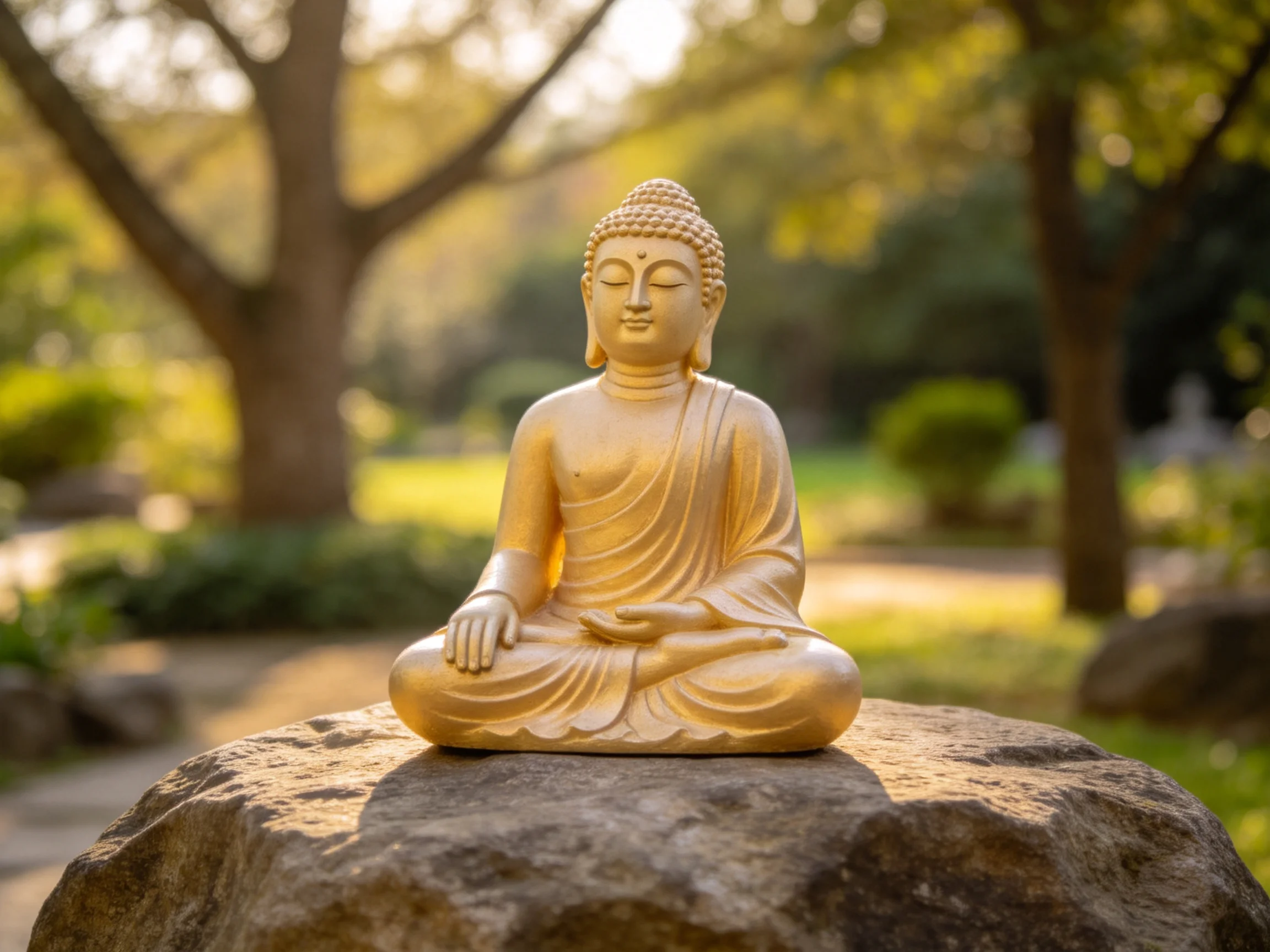 A golden Buddha statue meditating on a large rock in a sunlit garden