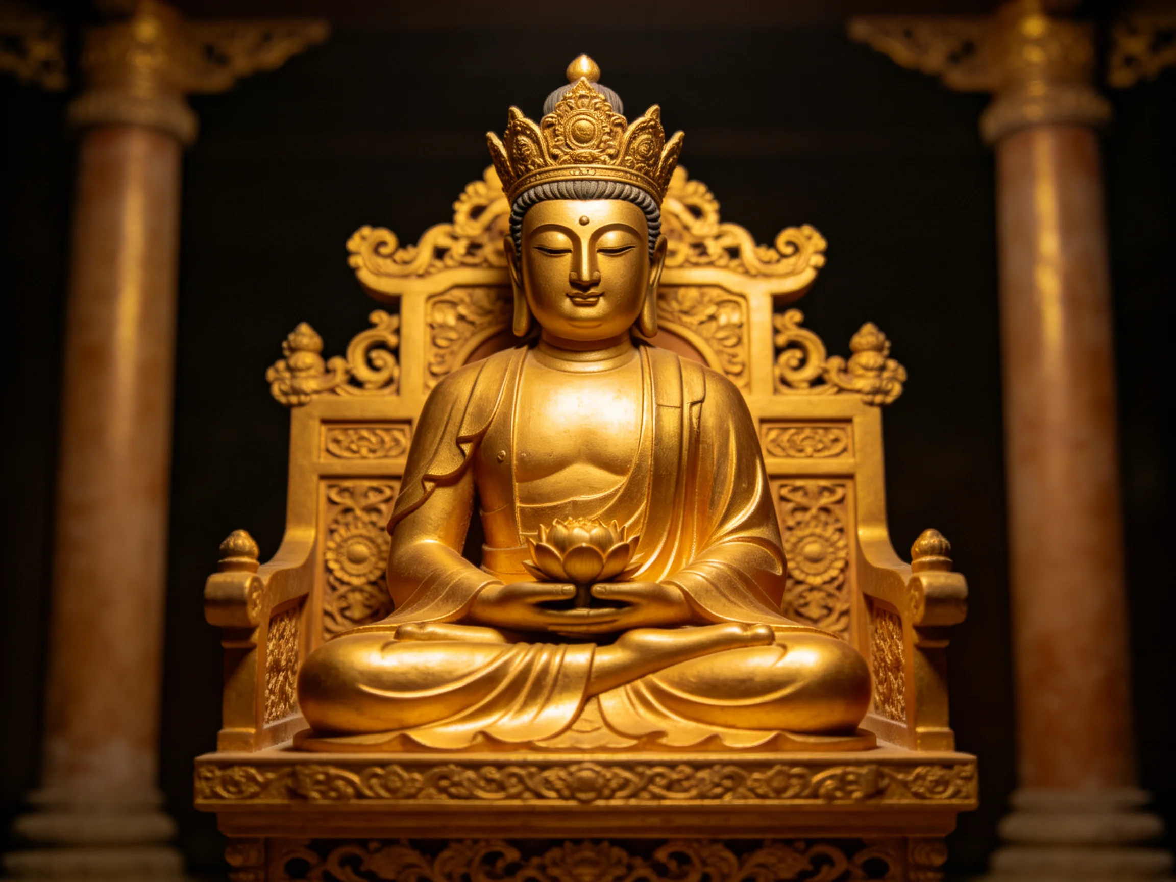 A golden Buddha statue on an ornate decorative throne