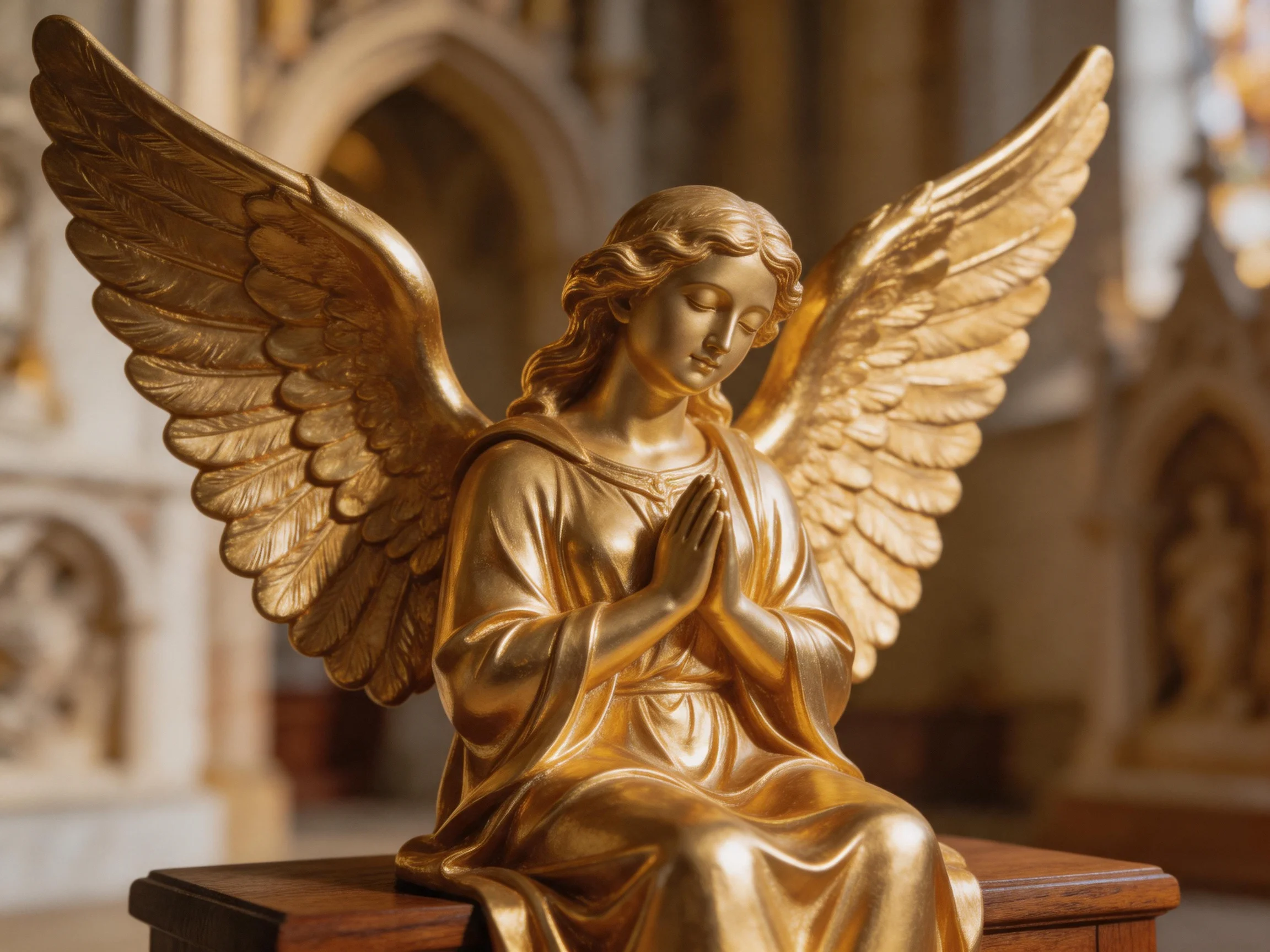 A golden angel statue with outstretched wings in a church interior