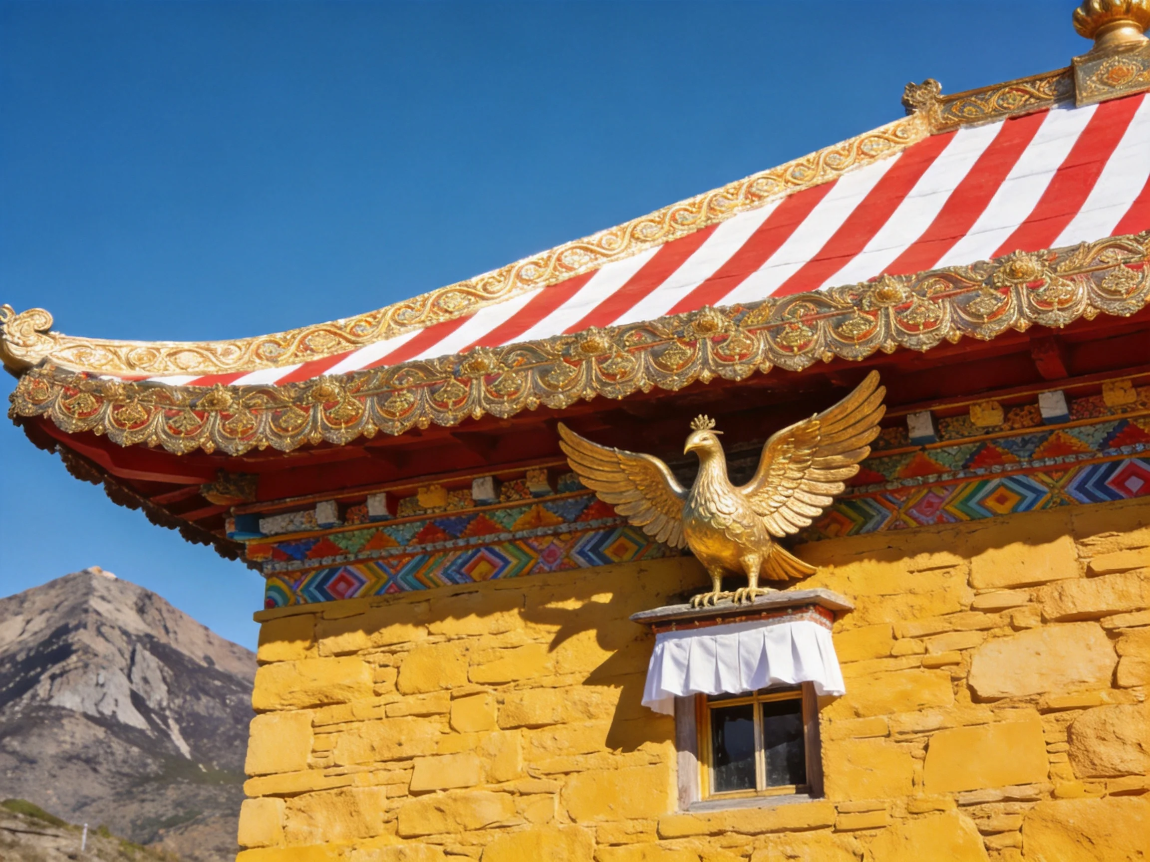 A golden bird decorates a yellow stone building with red-and-white striped roof