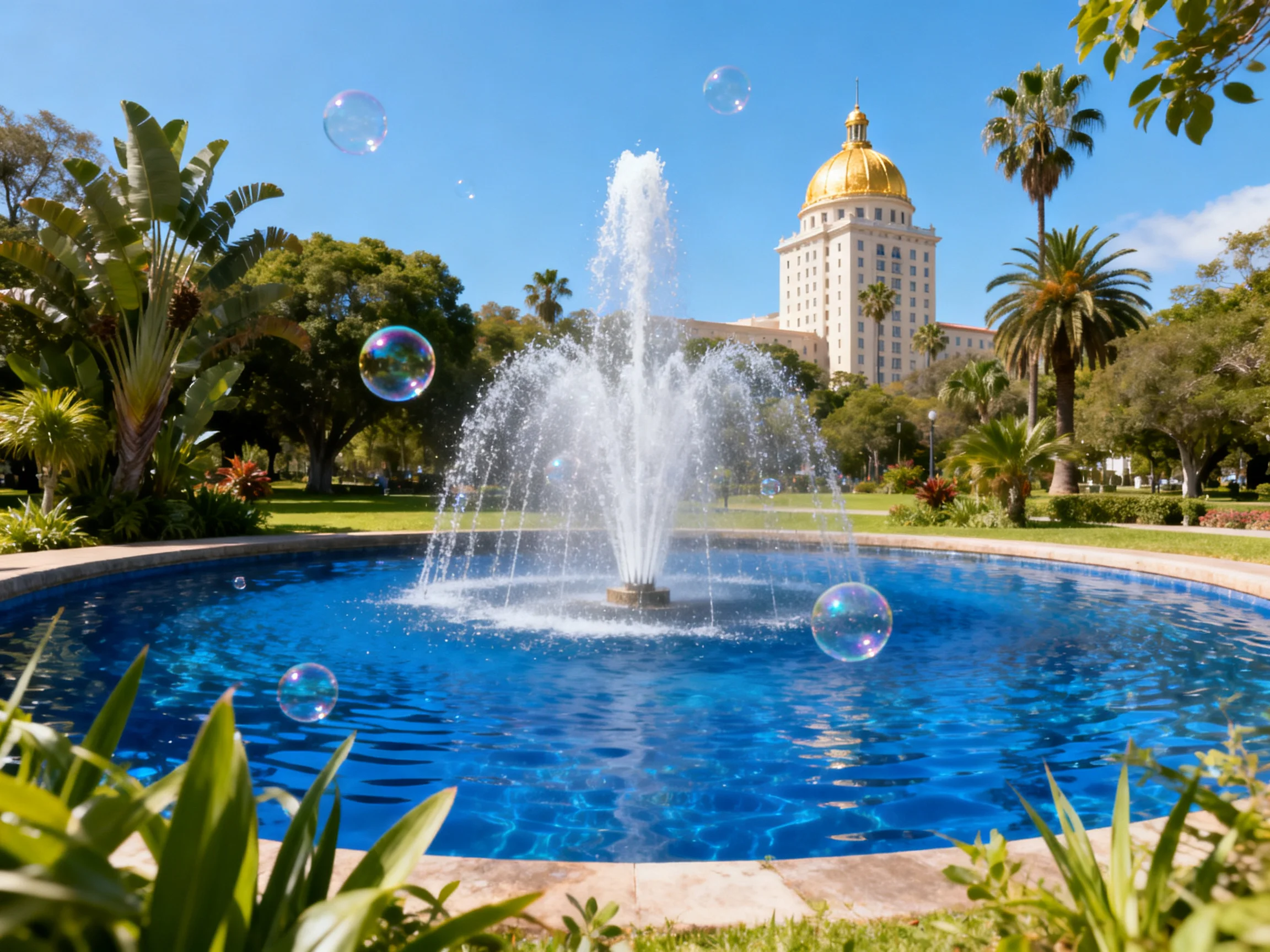 A golden-domed building overlooks a vibrant blue fountain with floating bubbles