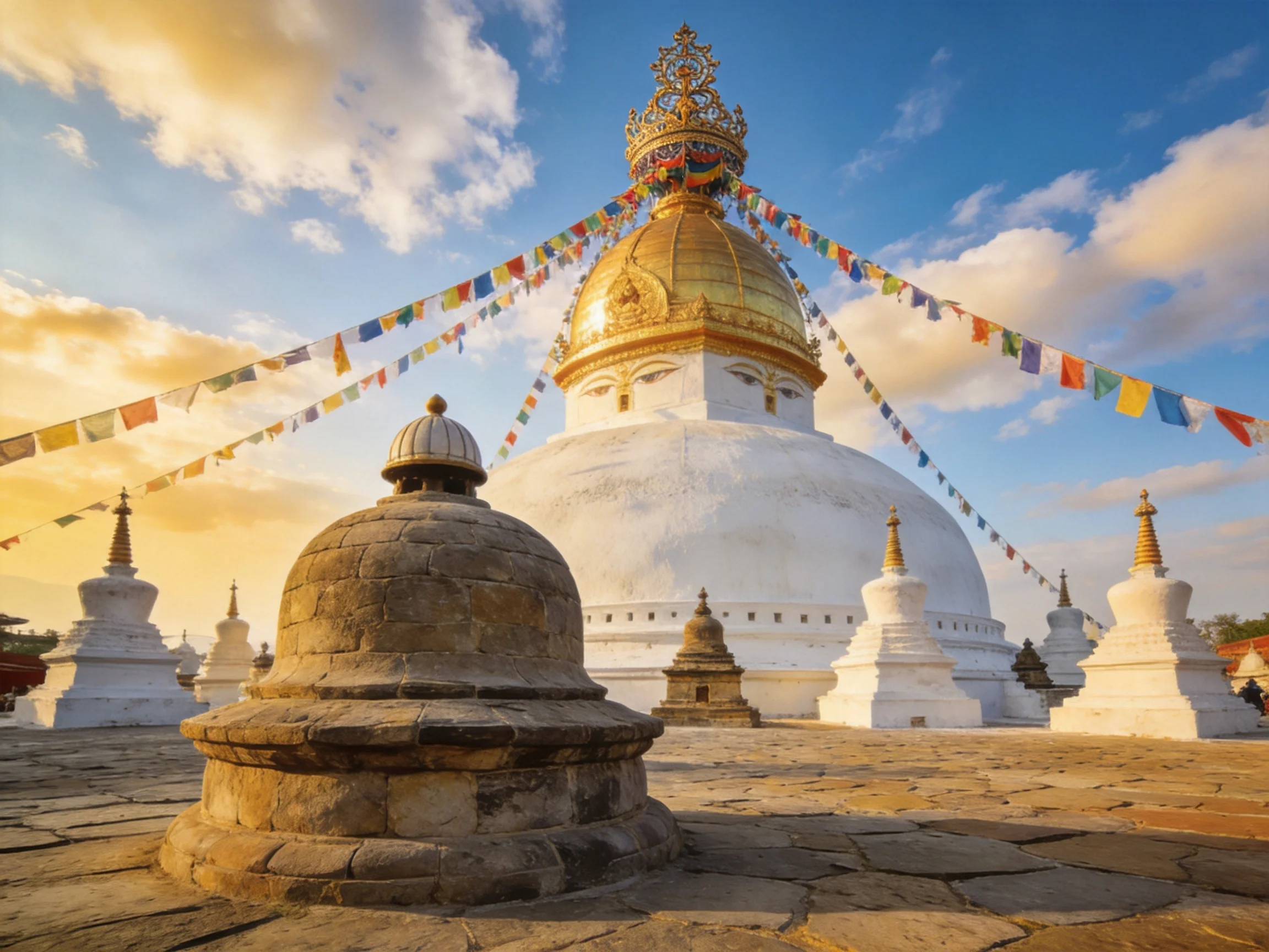 A golden-domed white stupa with colorful prayer flags