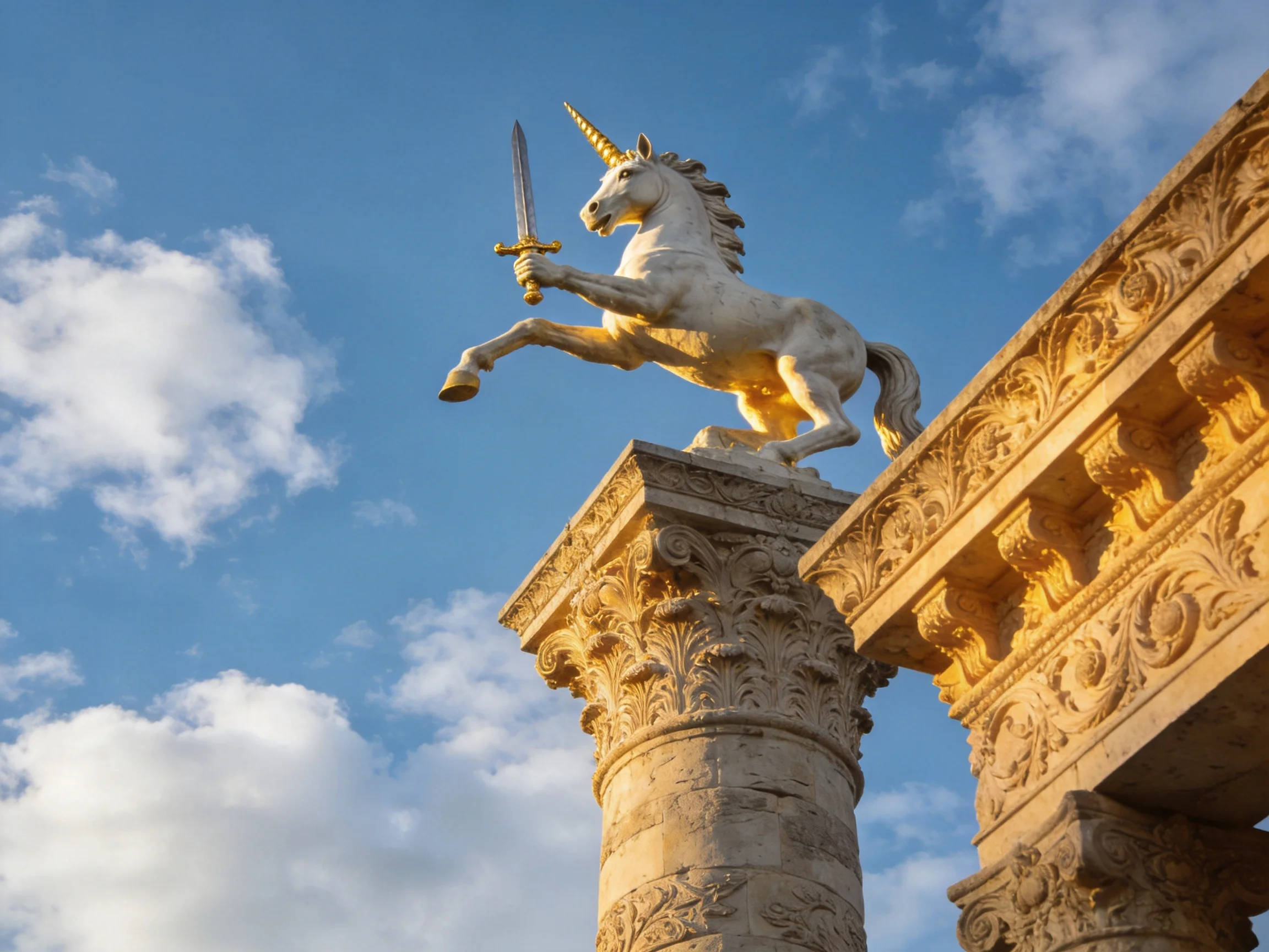 A golden-horned unicorn statue atop ornate stone columns under a bright blue sky
