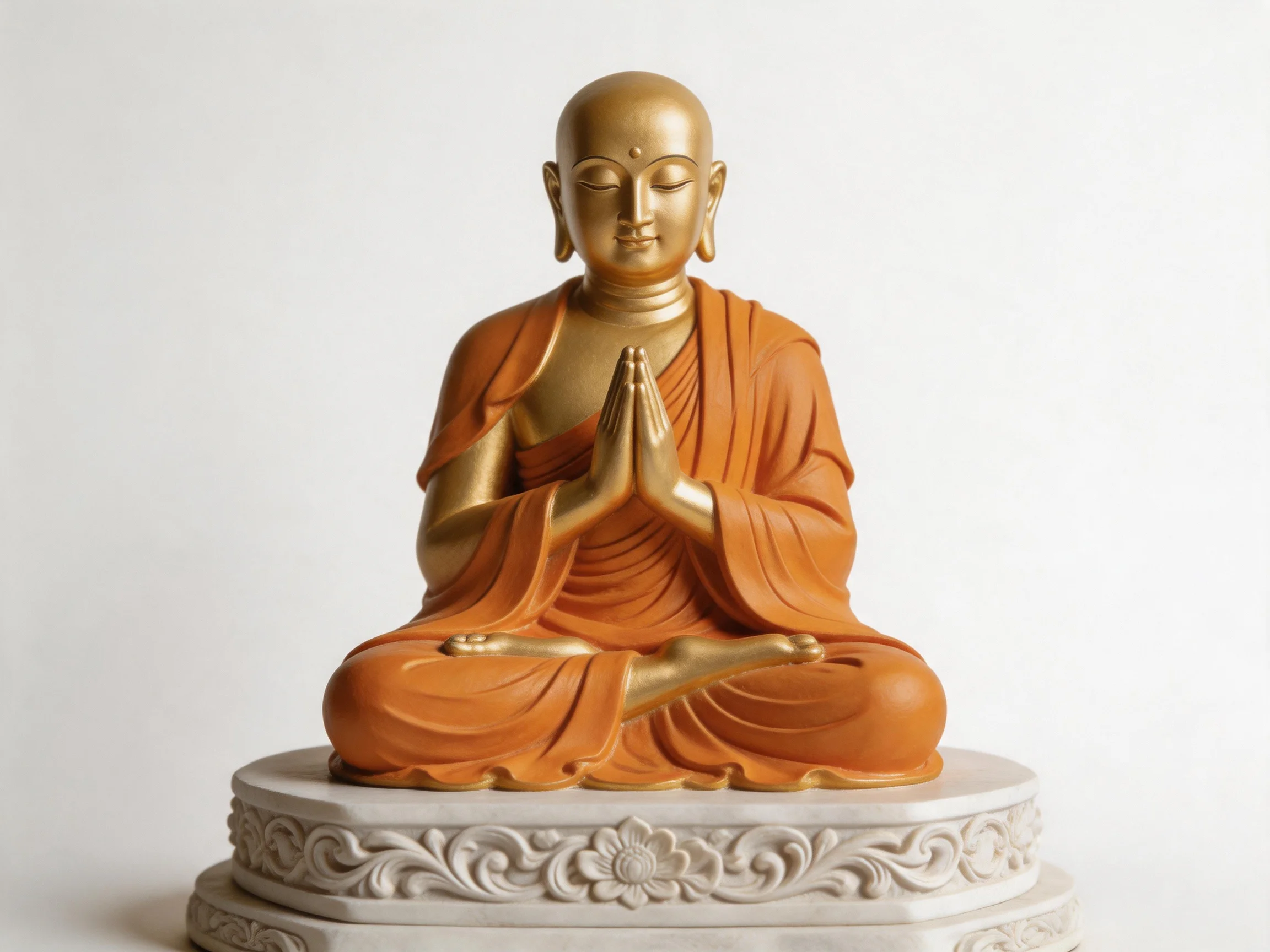 A golden-hued Buddha figurine in orange robes on an ornate white pedestal