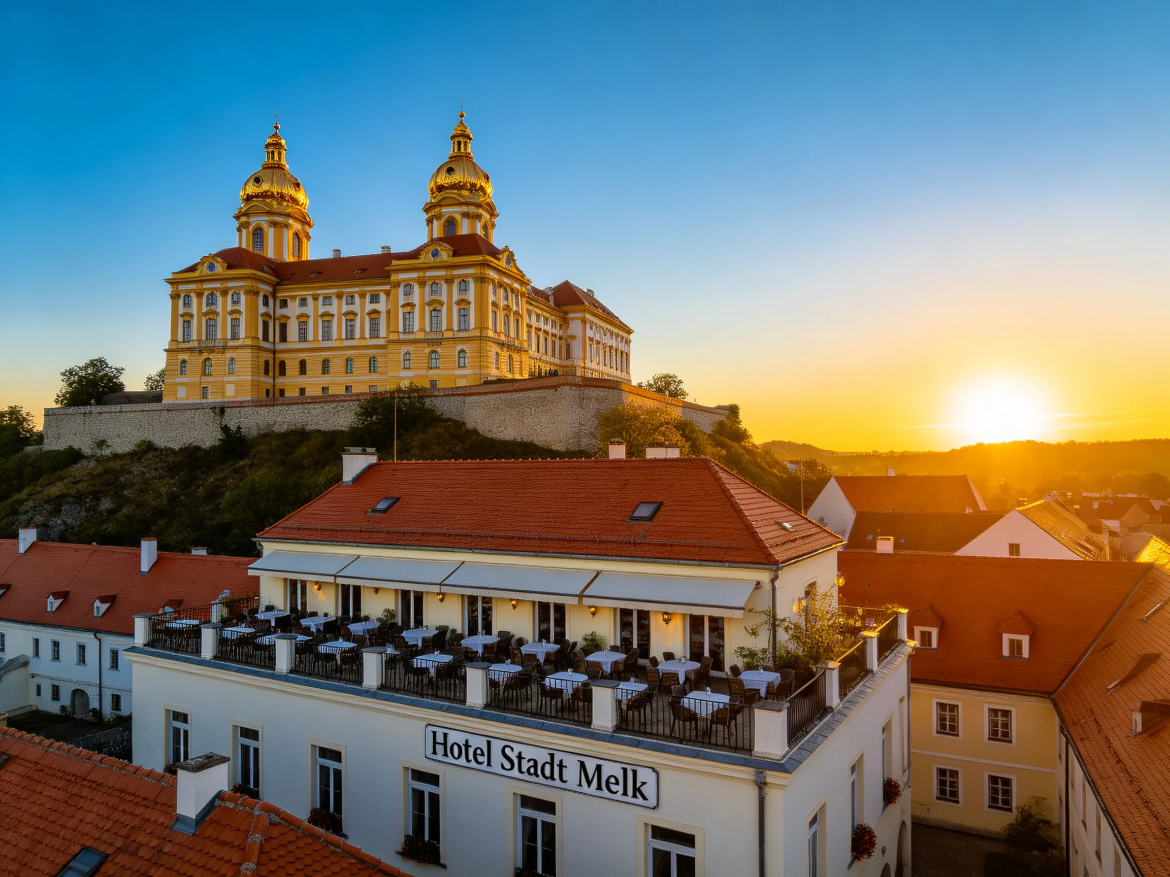 A golden-hued abbey overlooks town near Hotel Stadt Melk at sunset
