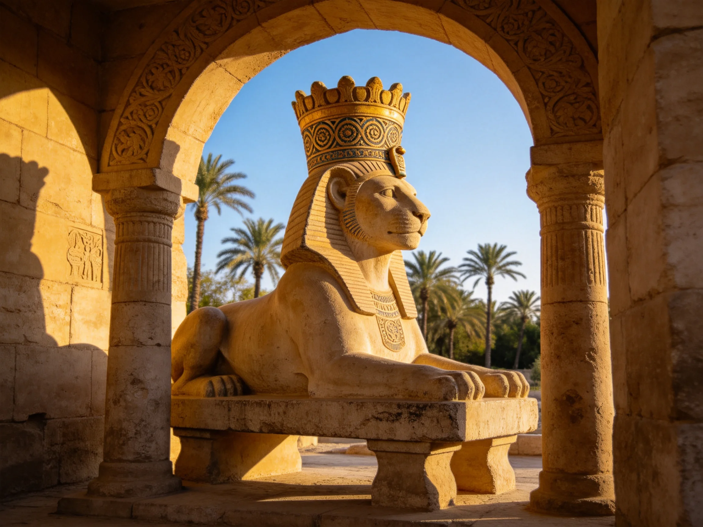 A golden-hued sphinx statue beneath a carved stone arch