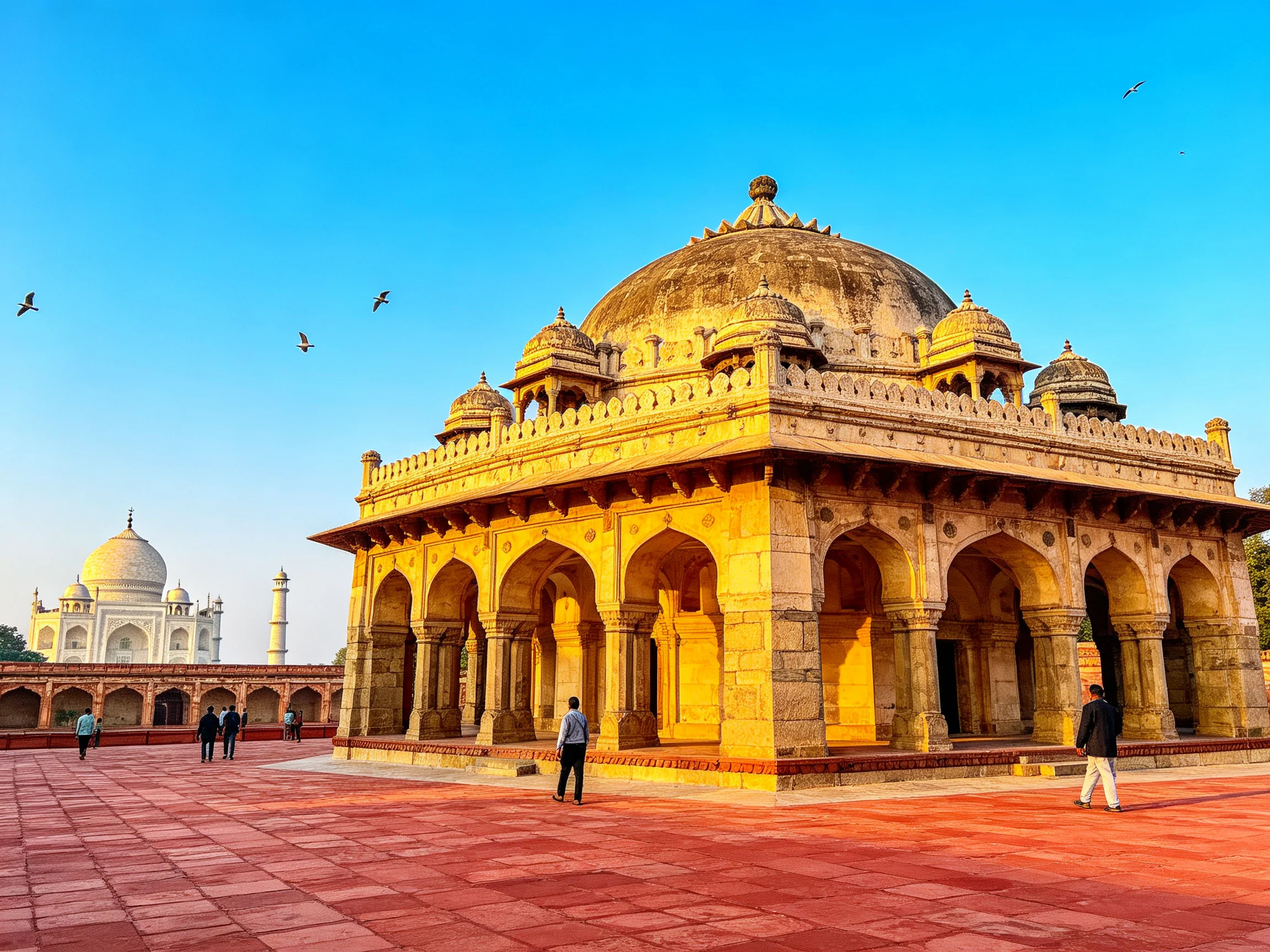 A golden-hued stone pavilion near the Taj Mahal under clear blue sky