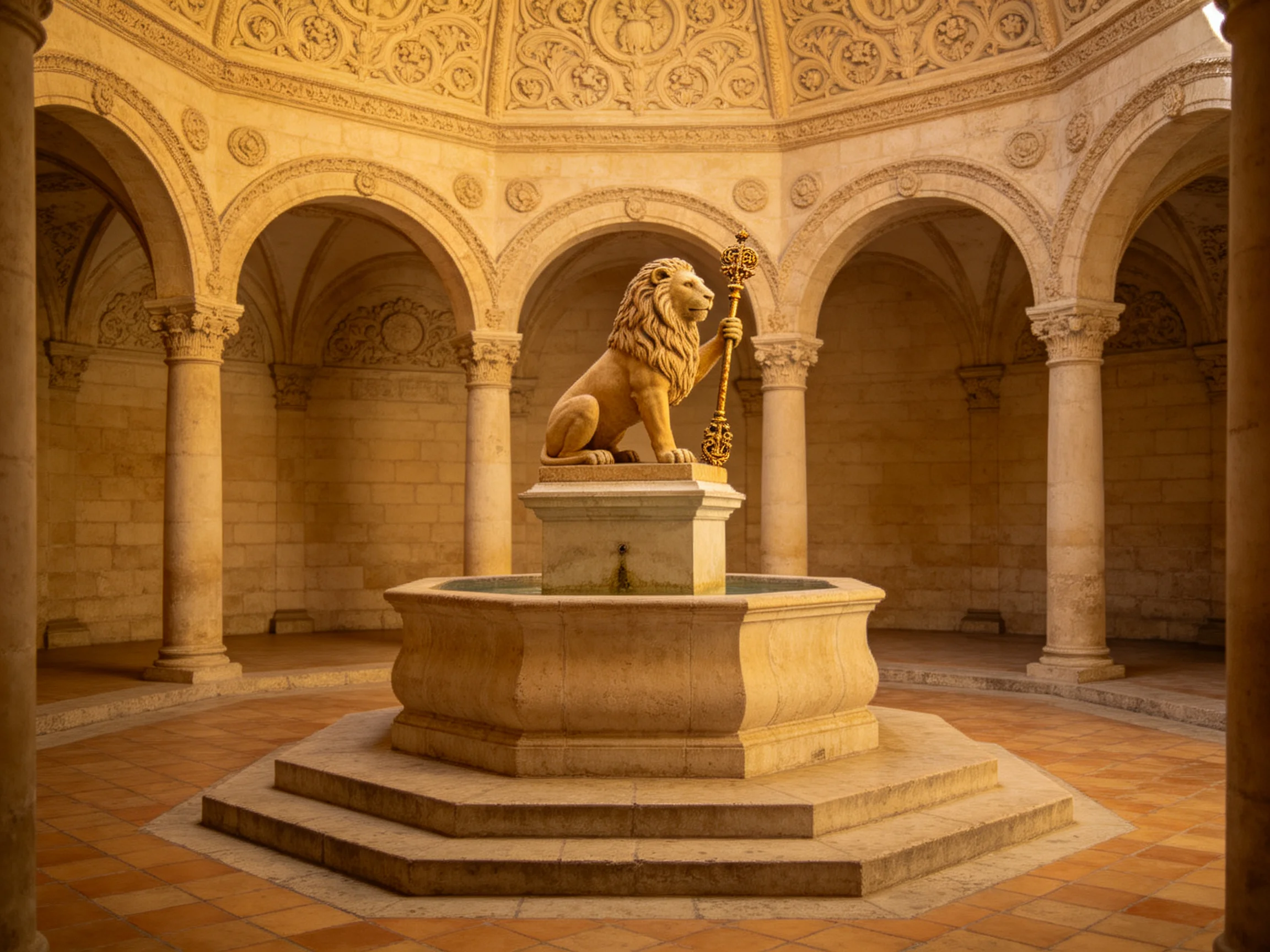 A golden lion statue atop an ornate stone fountain in a domed archway courtyard