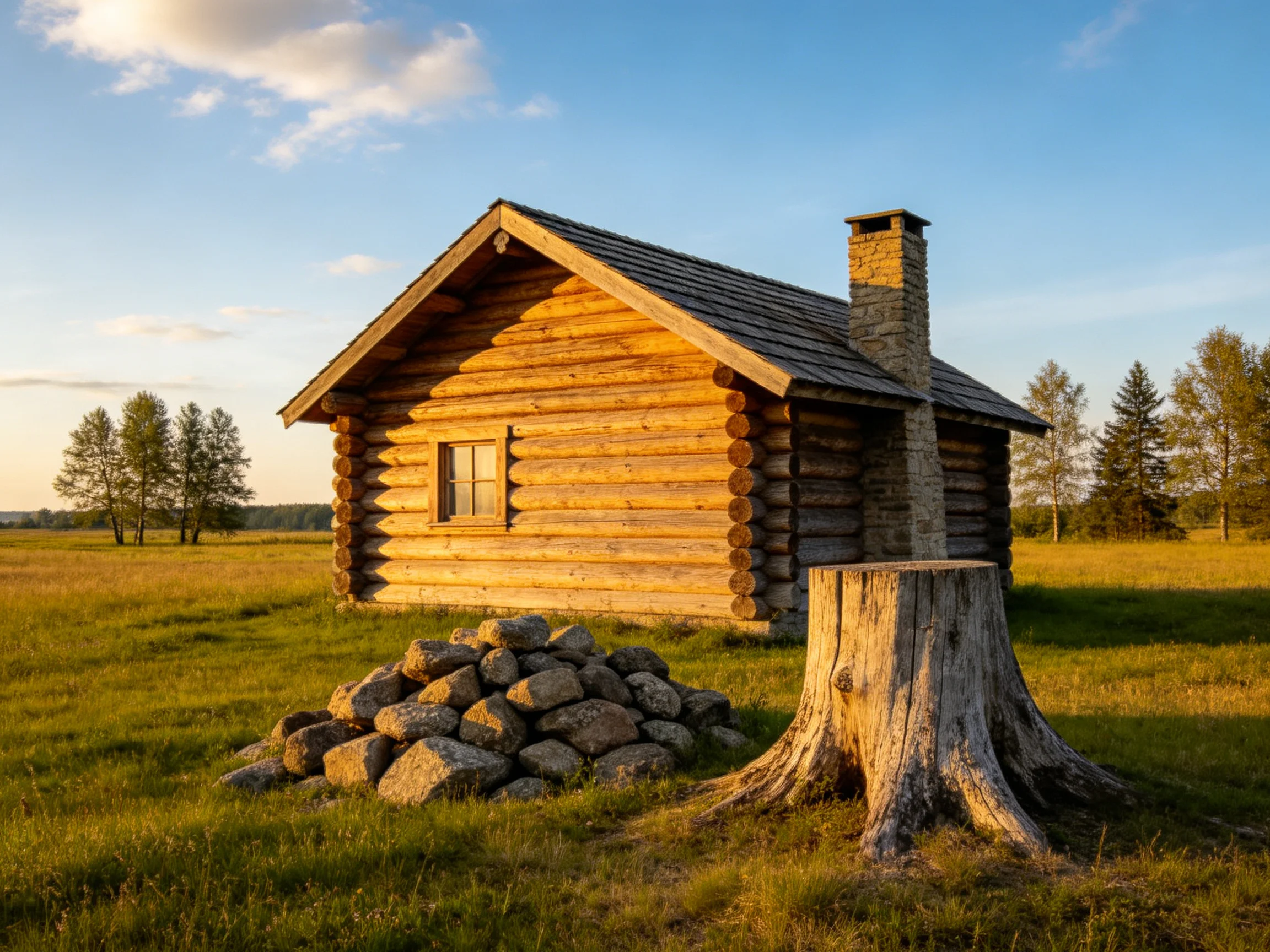 A golden-lit log cabin near stacked stones and a tree stump
