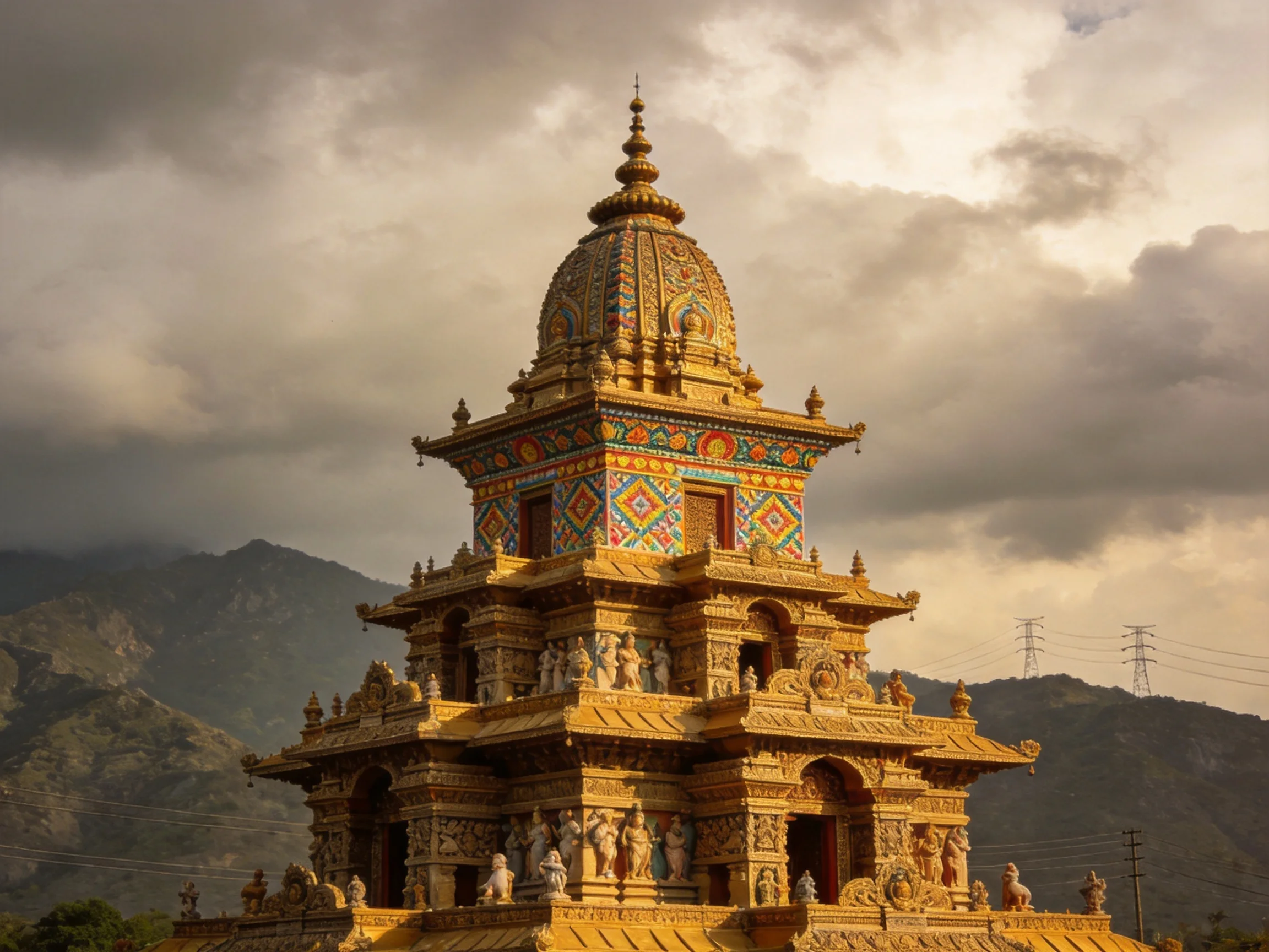 A golden, multi - tiered temple with vibrant patterns near mountainous terrain