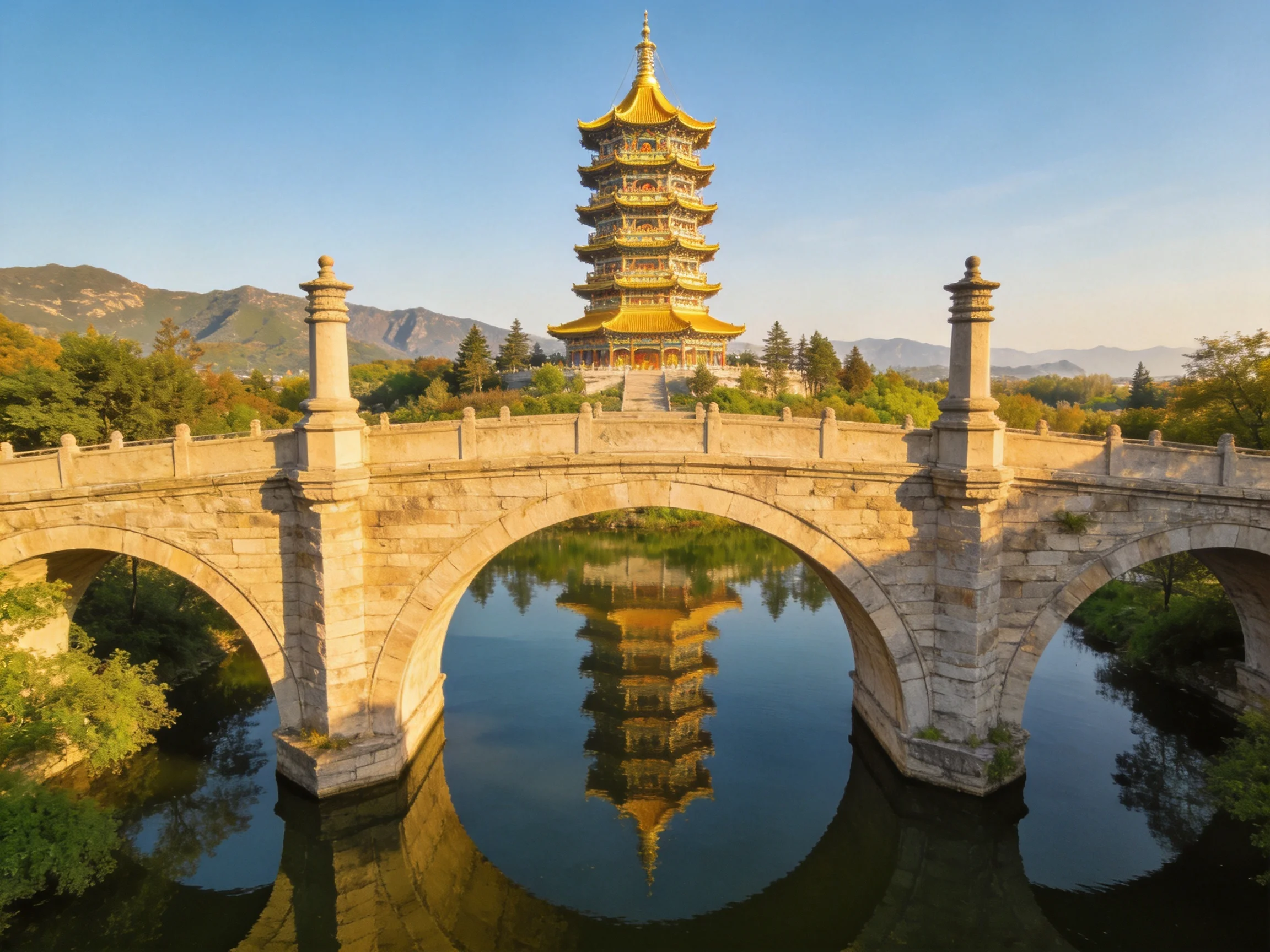 A golden pagoda stands behind a three-arched stone bridge over reflective water