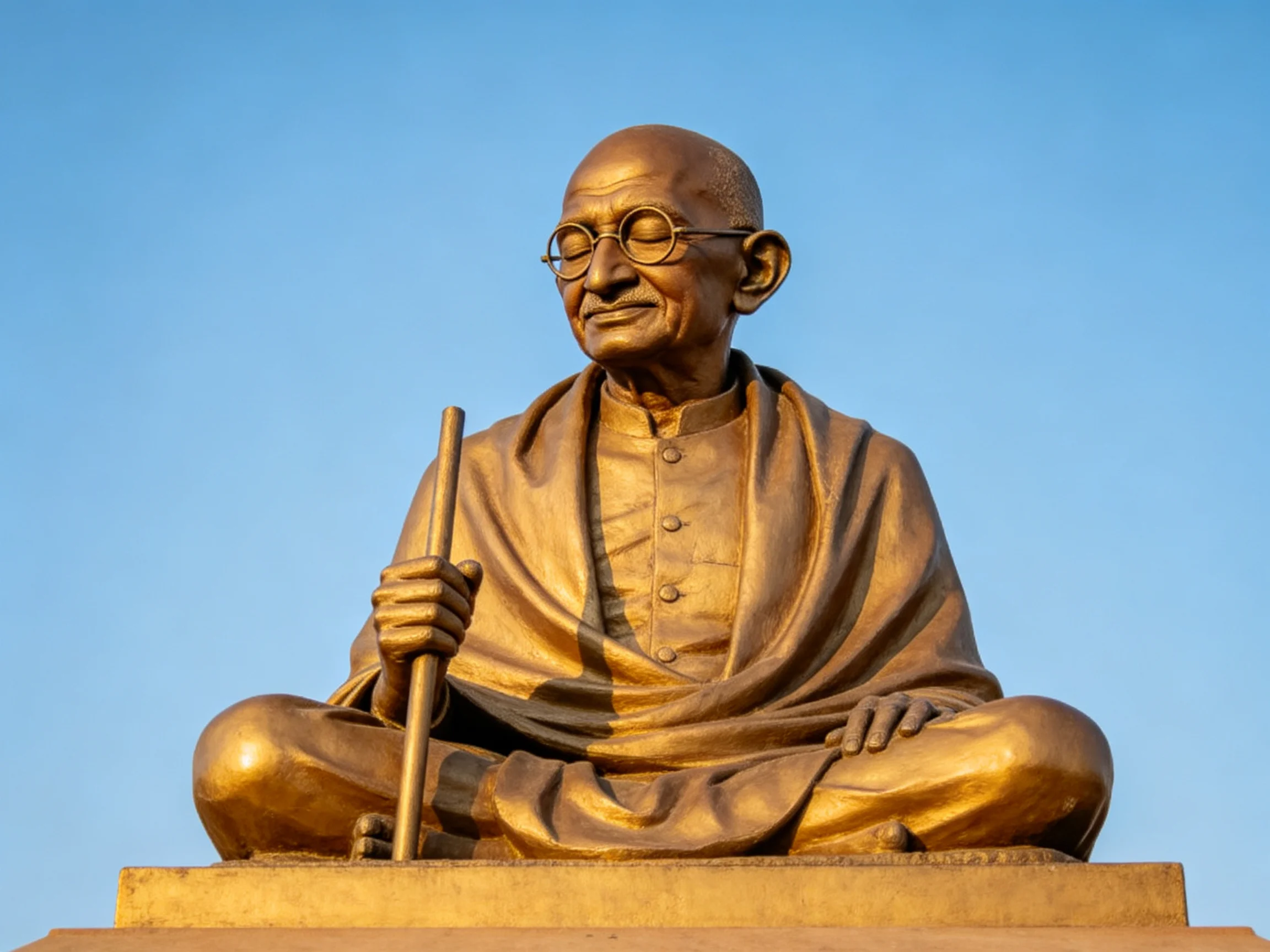 A golden statue of Gandhi sitting cross-legged with a staff