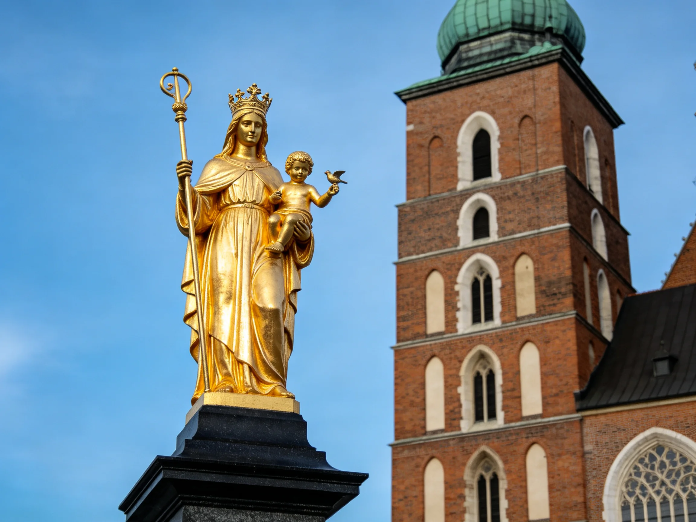 A golden statue of a crowned woman holding a child beside a tall brick church tower
