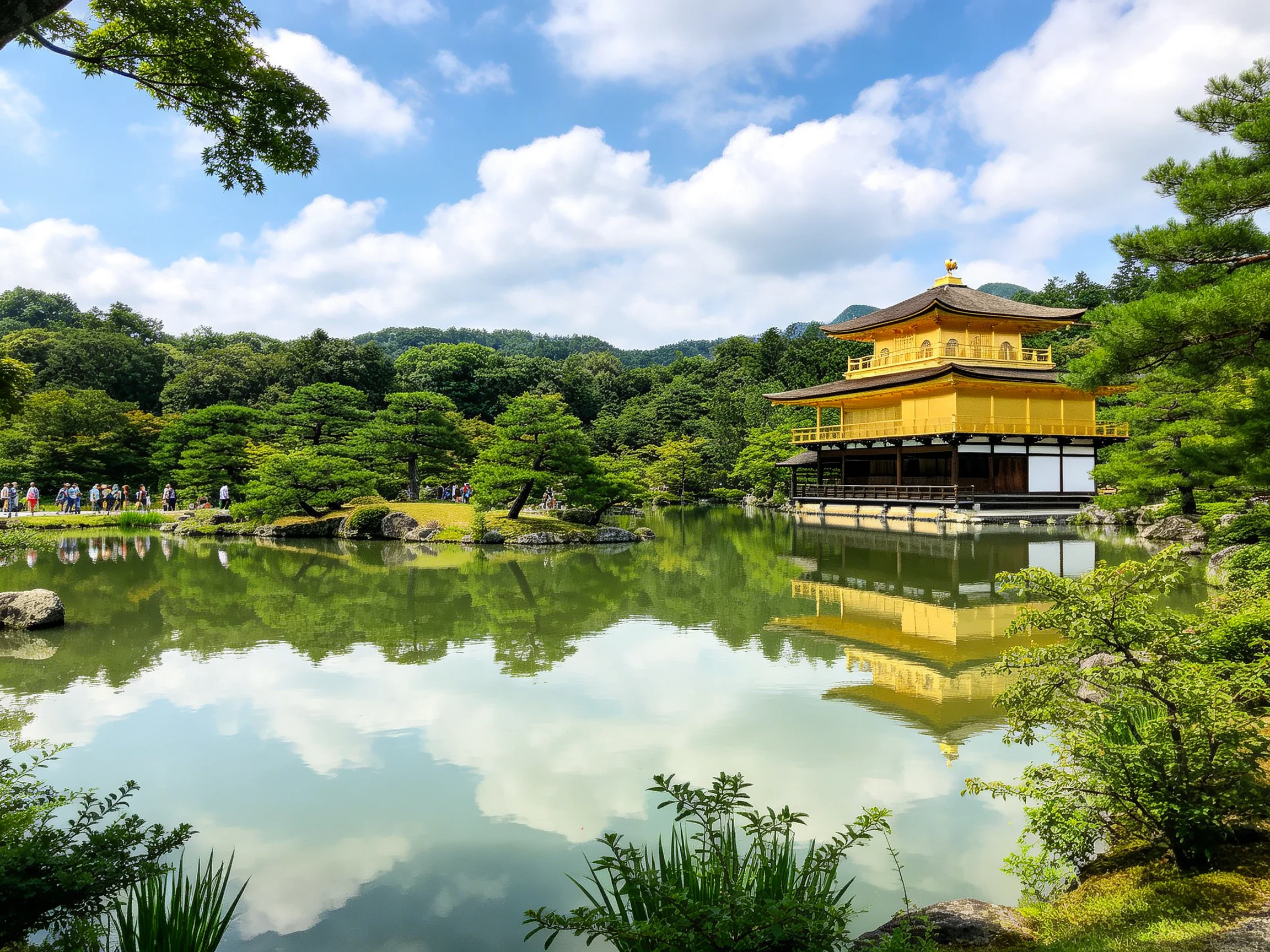 A golden temple reflected in a serene pond with lush greenery
