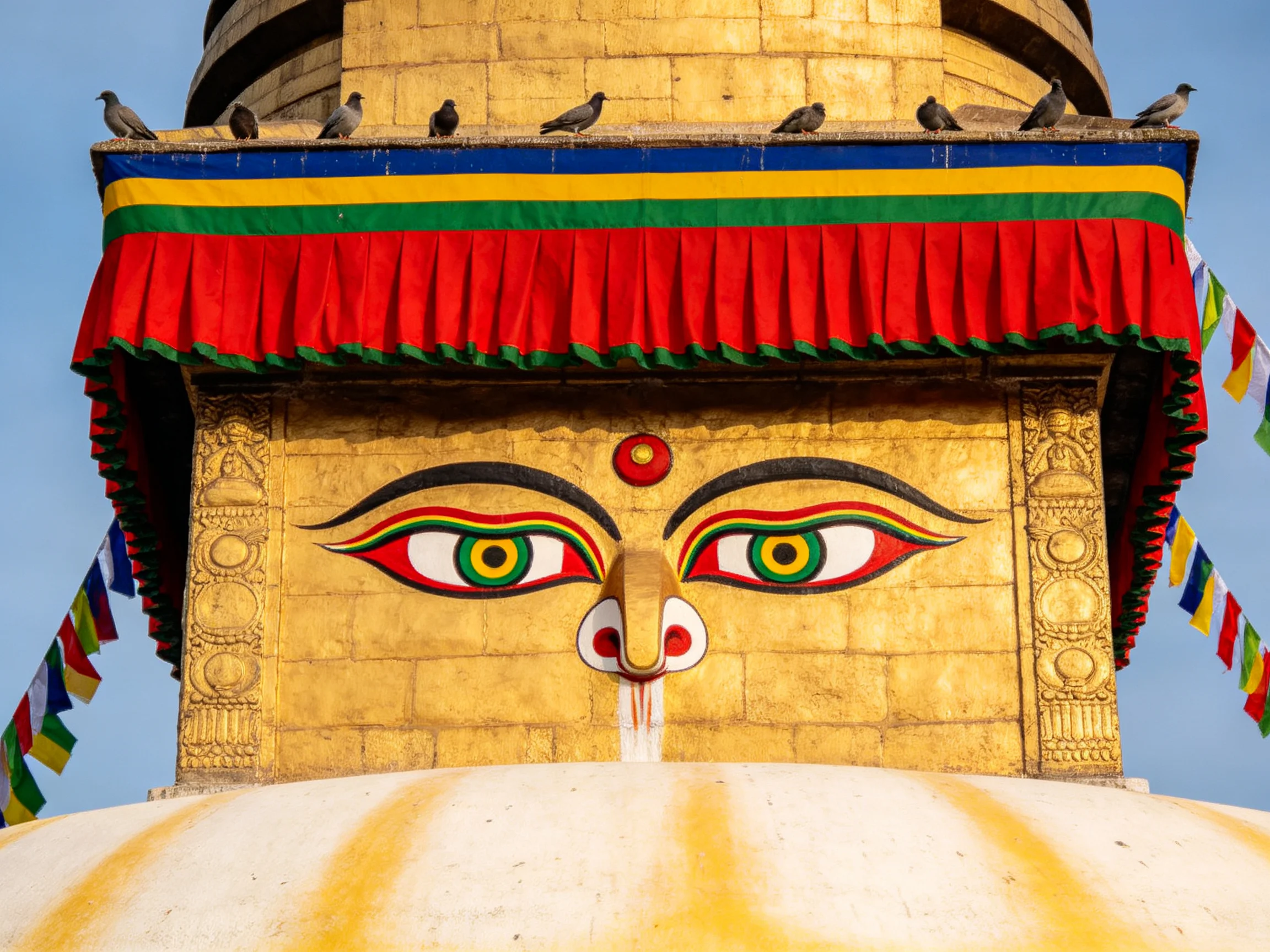 A golden temple with vibrant fabrics and bird perches