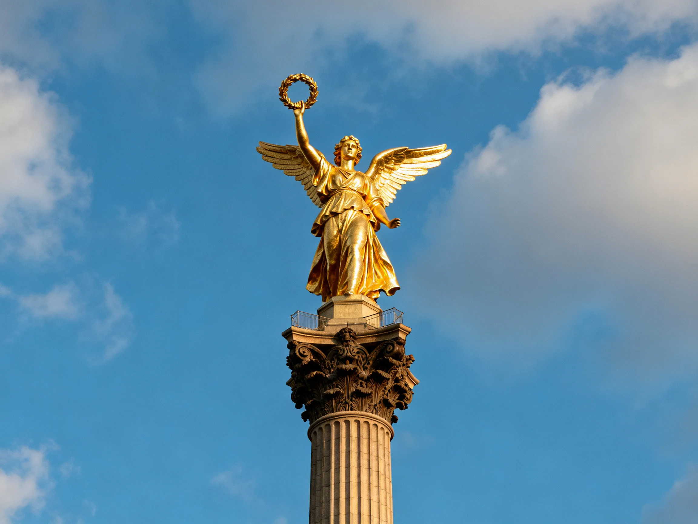 A golden winged statue atop an ornate tall column under a blue sky