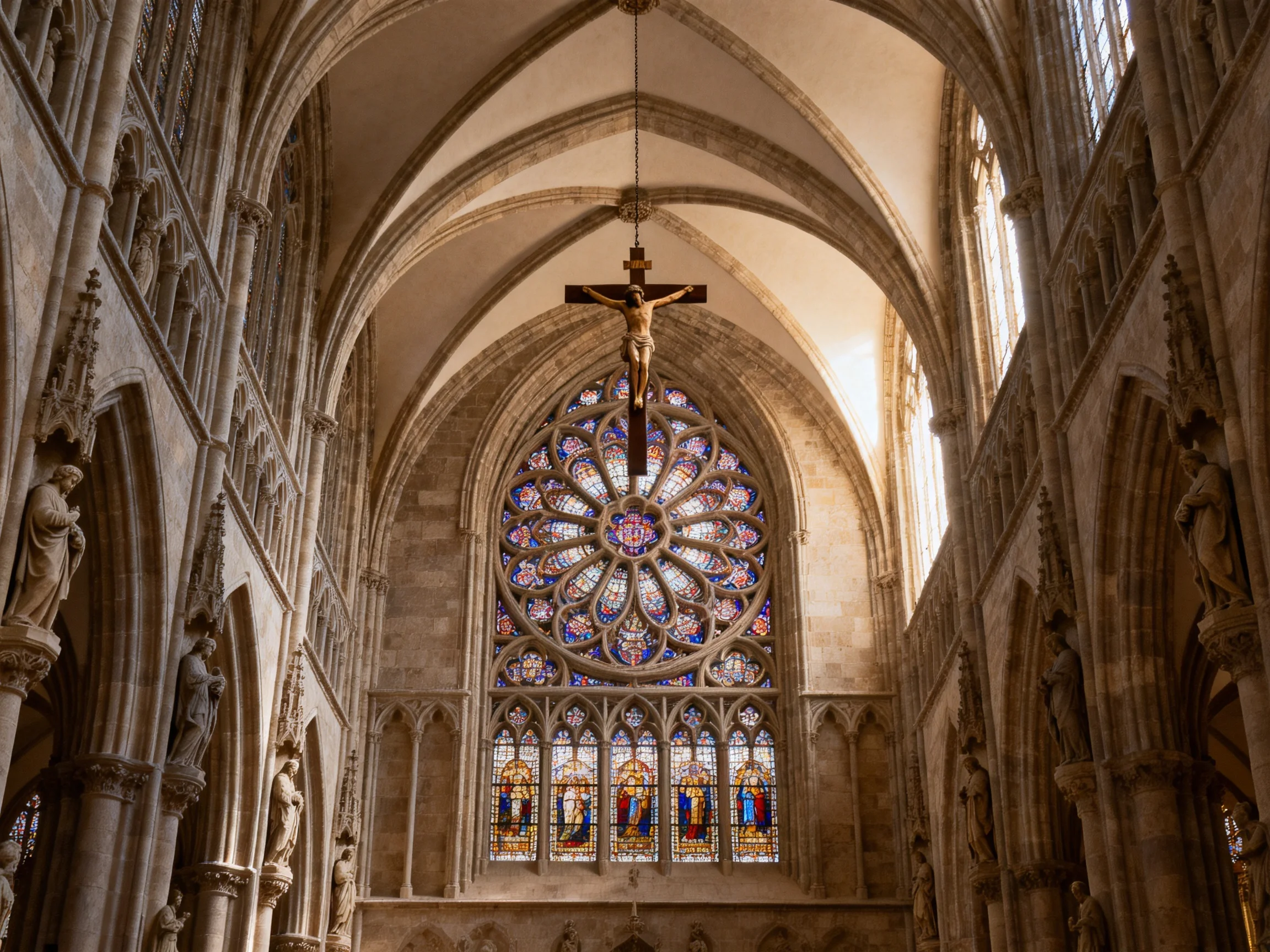A grand Gothic cathedral interior with ornate rose window and crucifix