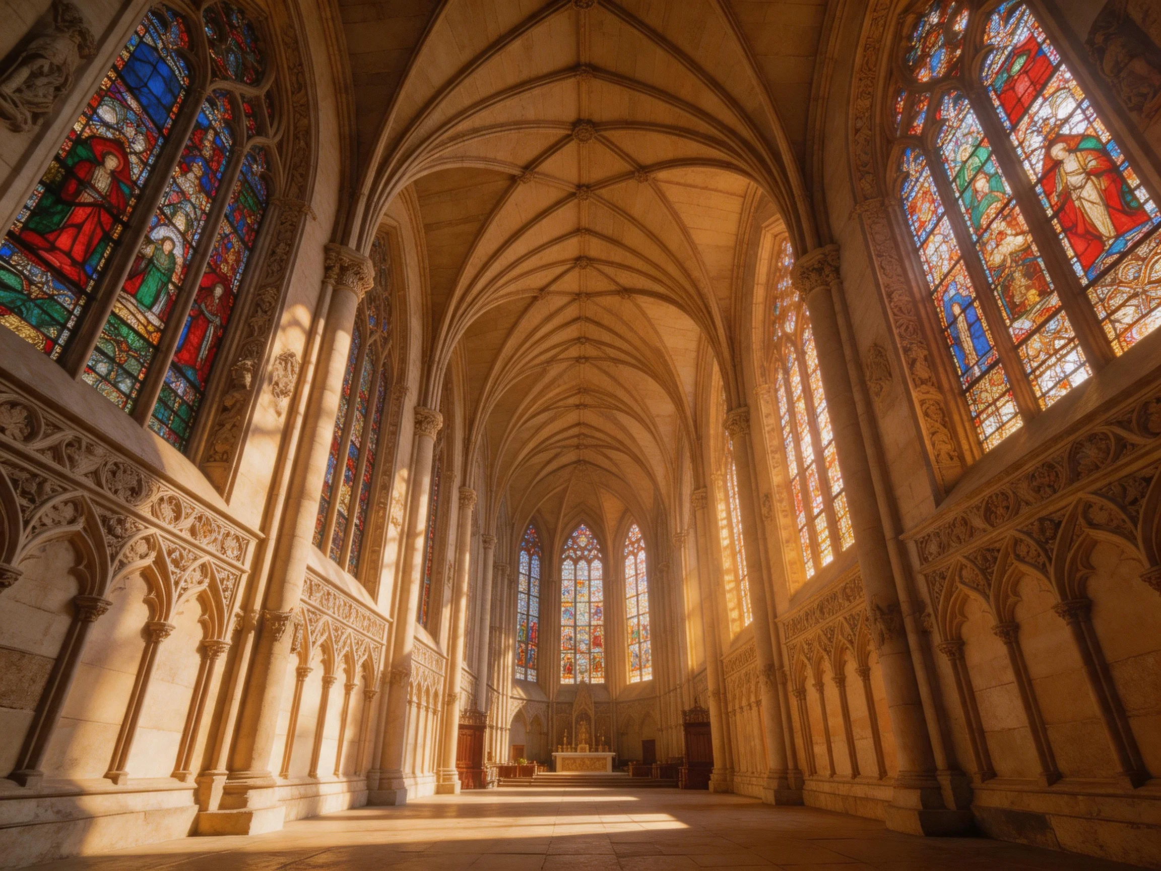 A grand Gothic cathedral interior with vibrant stained glass windows