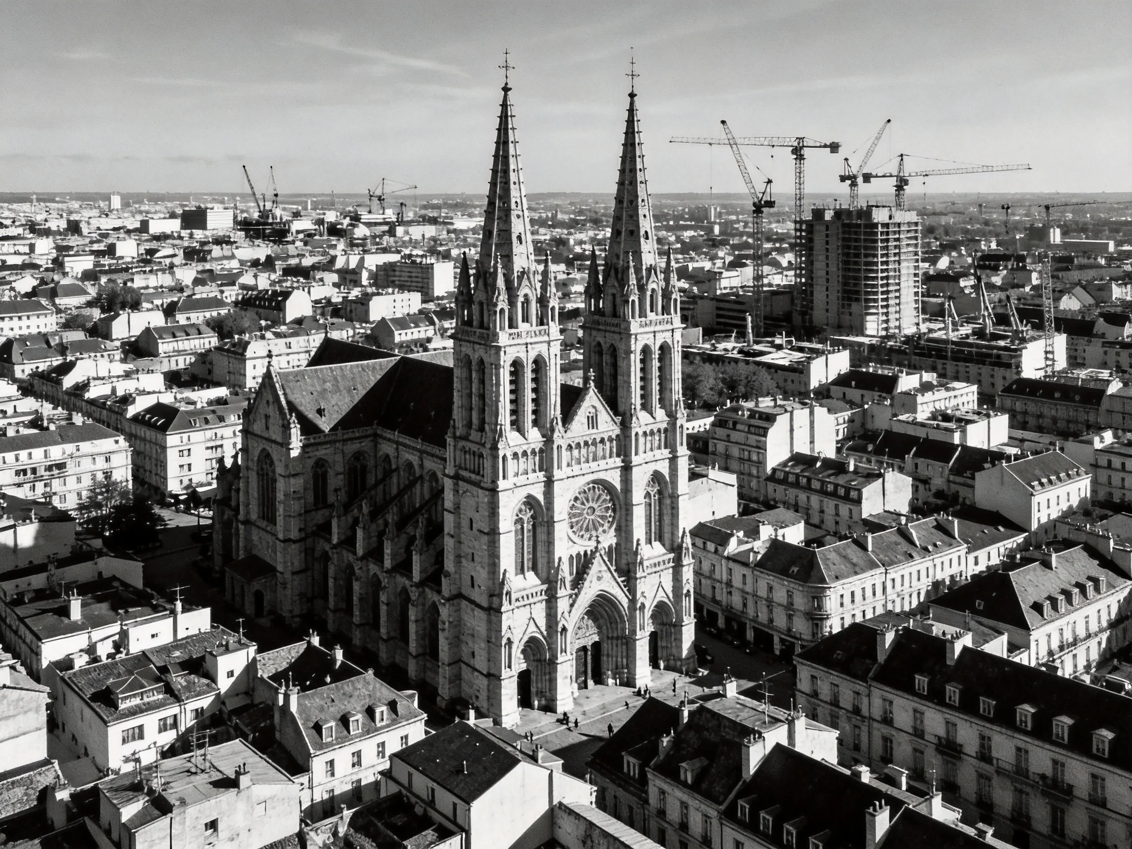 A grand Gothic cathedral stands amid a sprawling urban landscape with numerous construction cranes