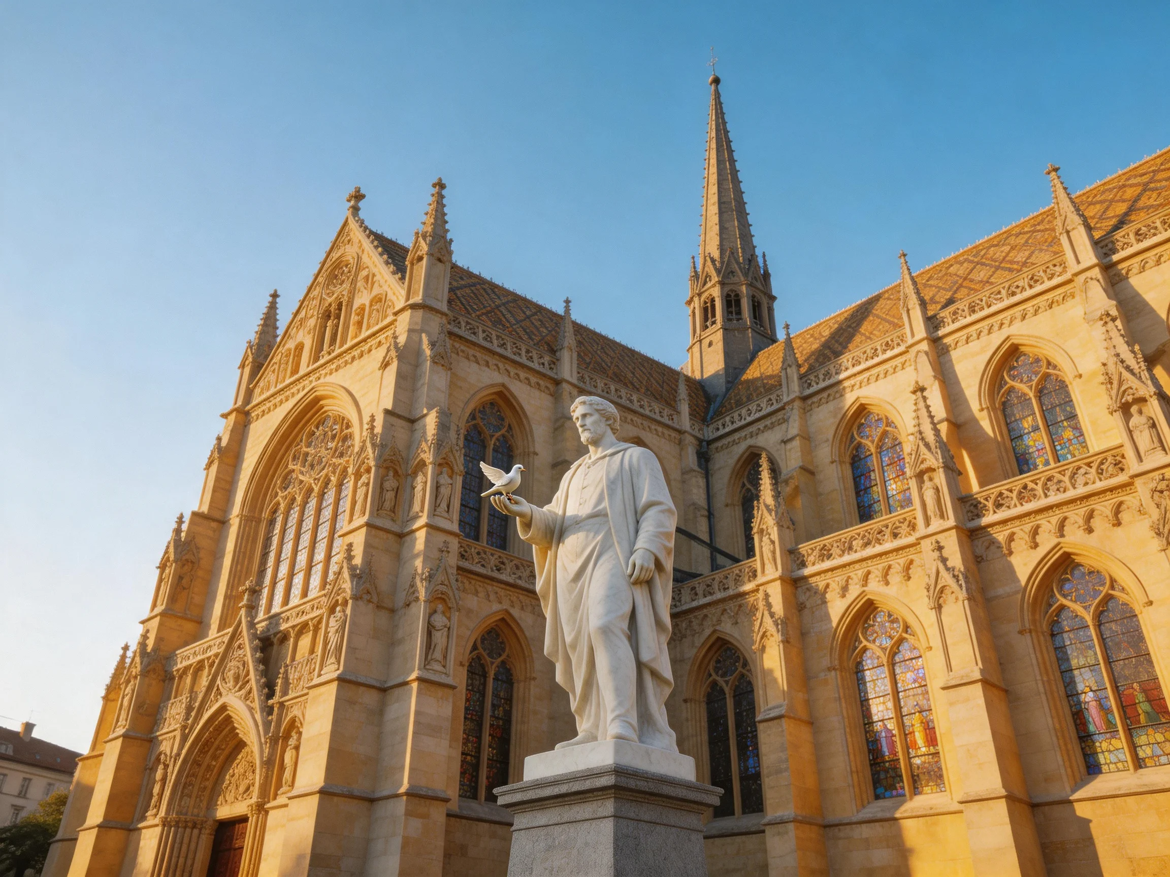 A grand Gothic cathedral with a white statue in front