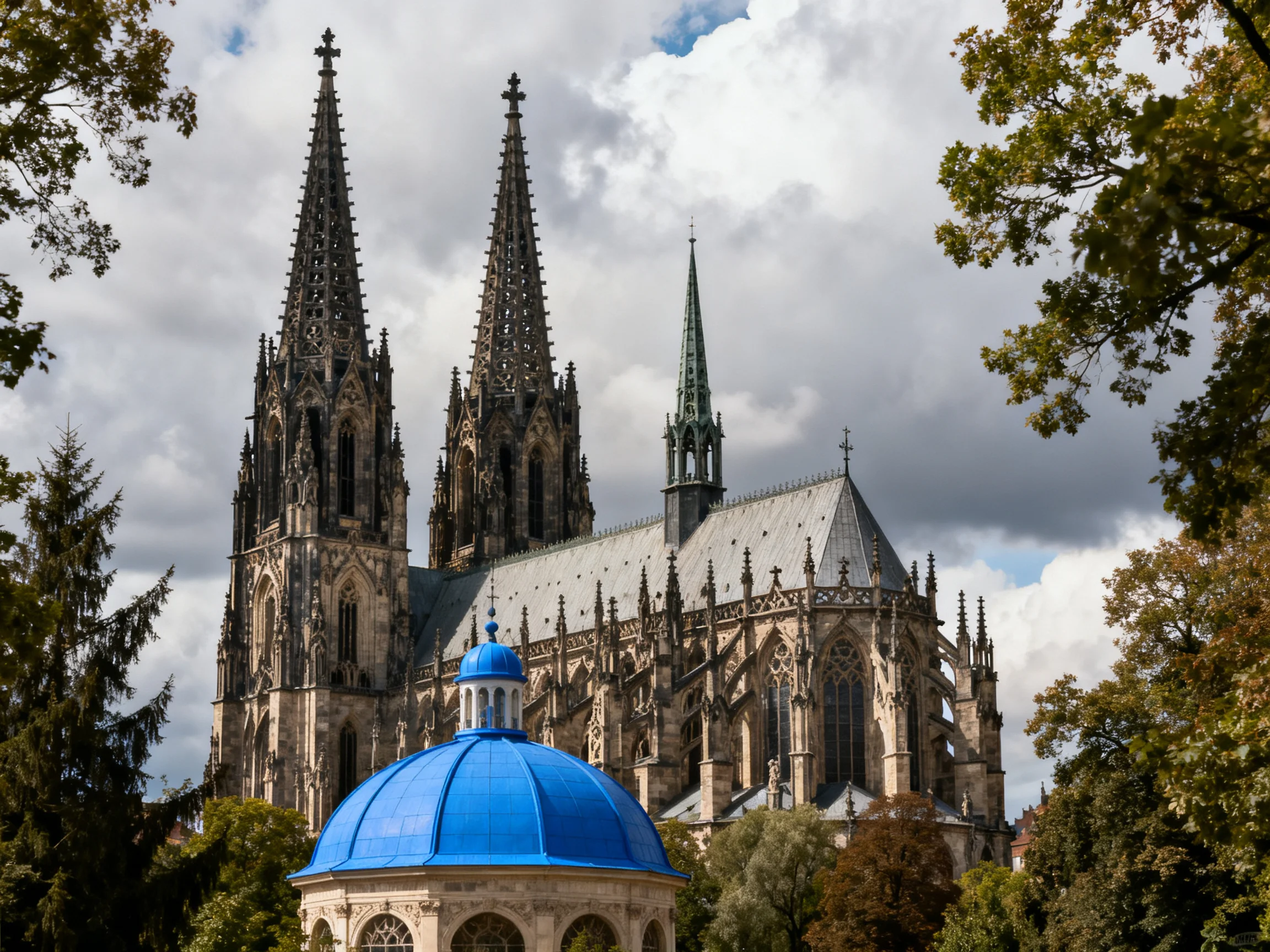 A grand Gothic cathedral with tall spires beside a bright blue domed structure
