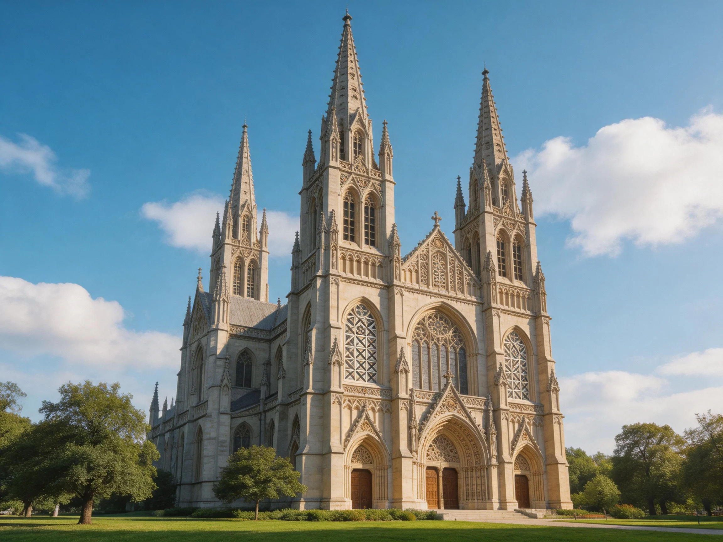 A grand Gothic cathedral with tall spires under clear blue sky
