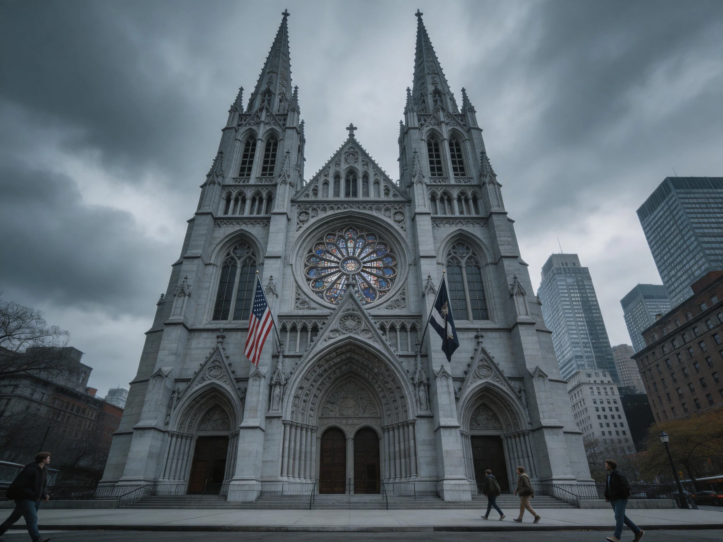 A grand Gothic cathedral with tall spires under overcast skies