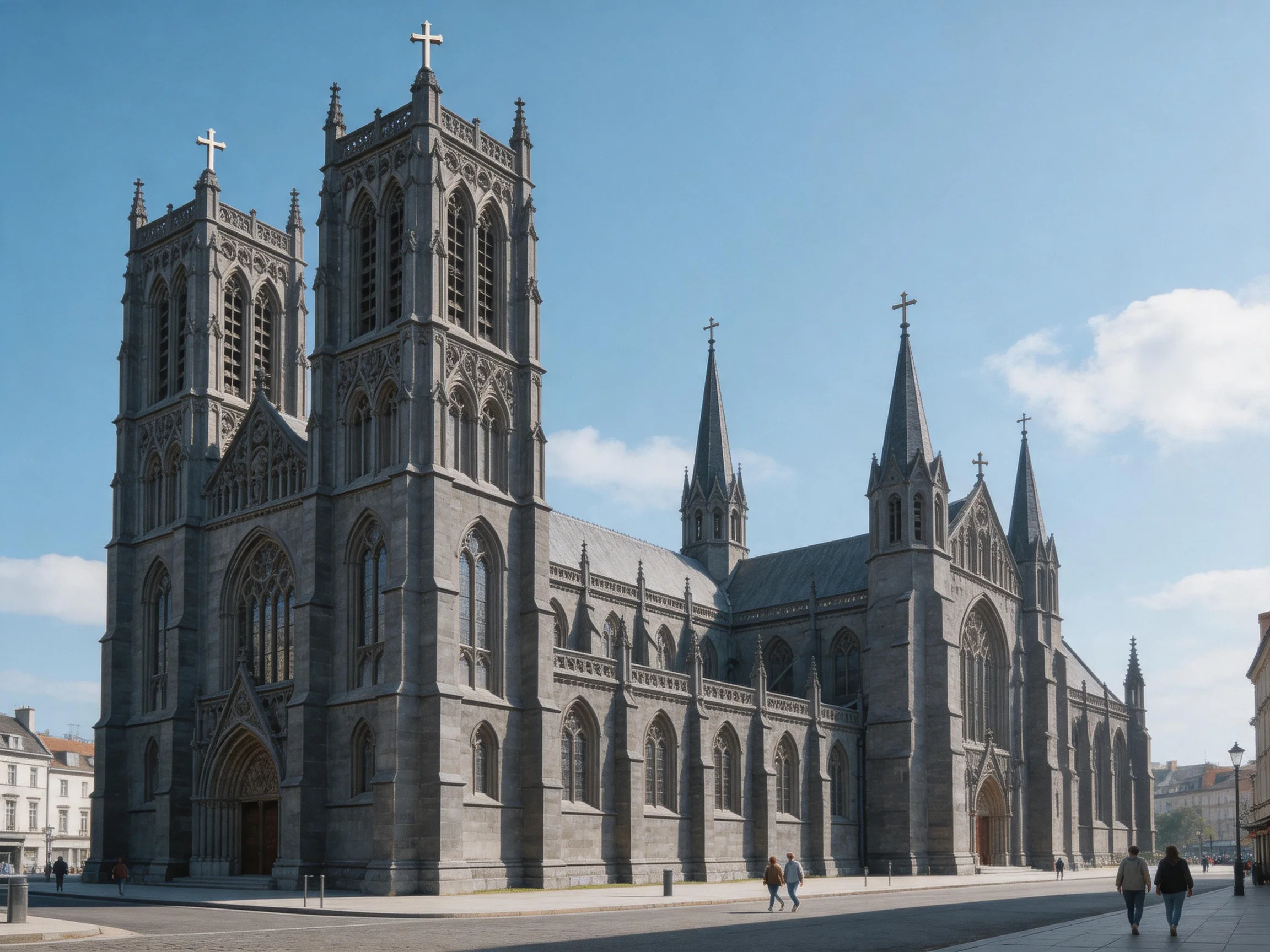 A grand Gothic cathedral with tall towers and stone facade