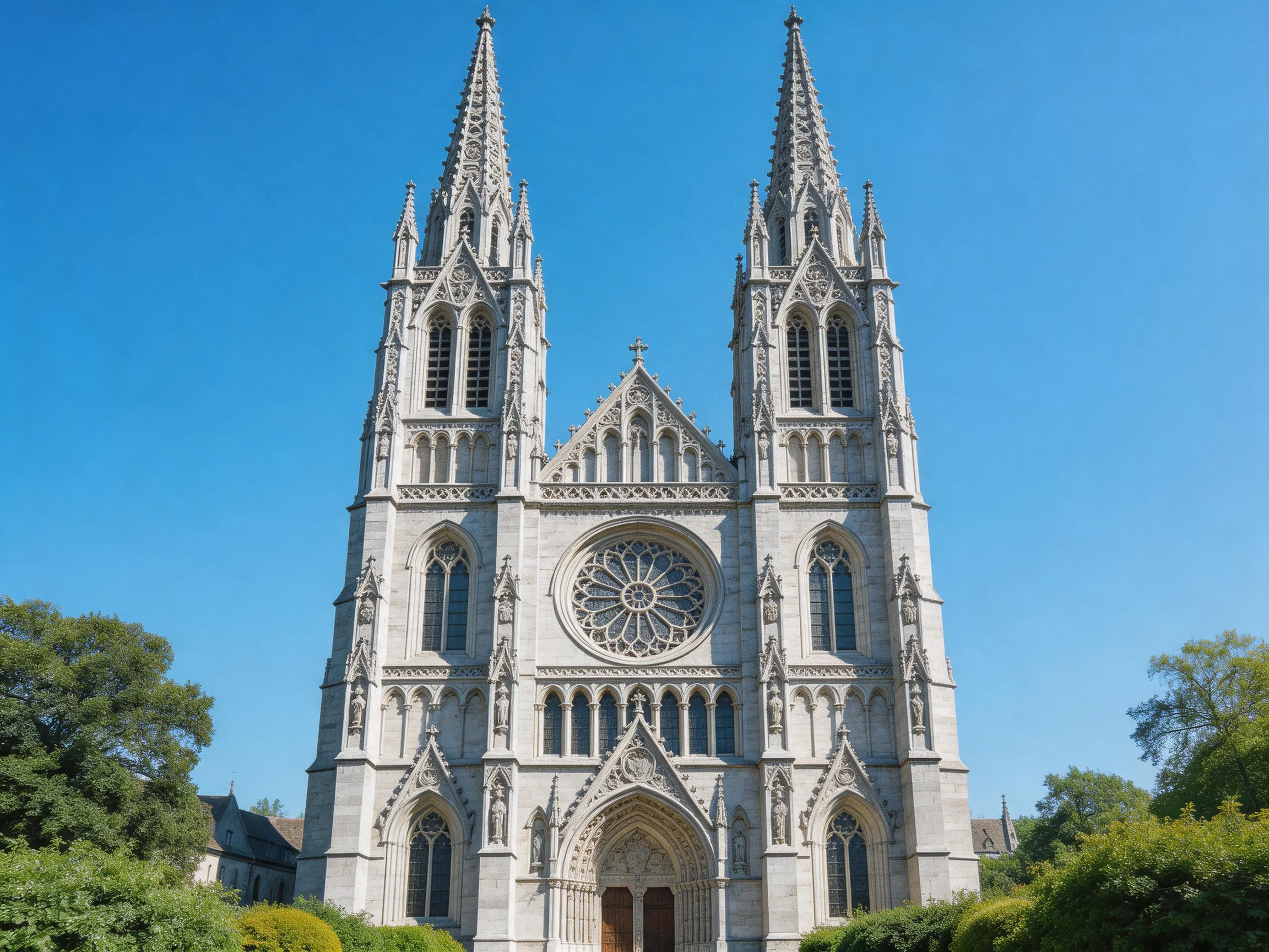 A grand Gothic cathedral with twin spires under clear blue sky