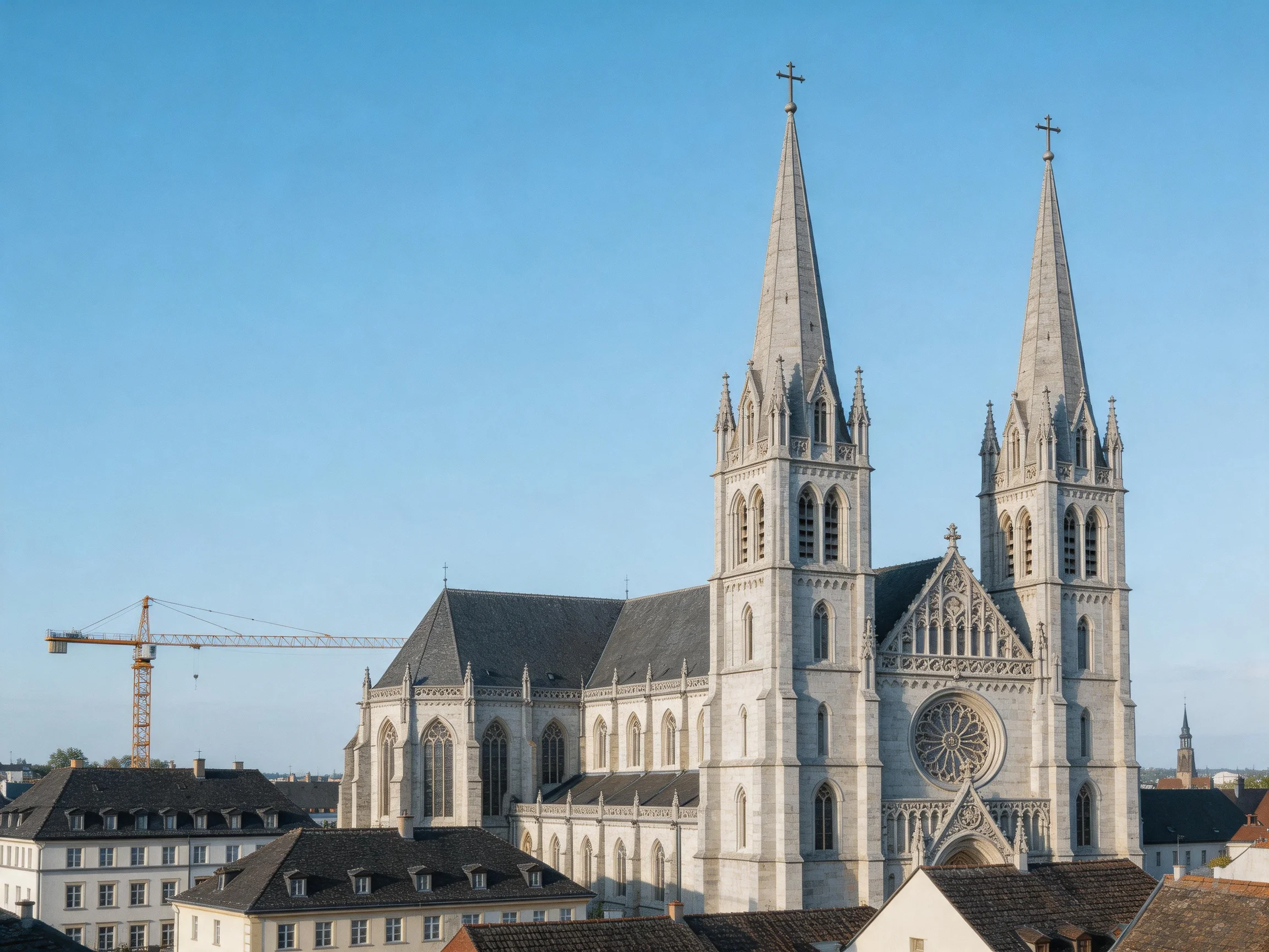 A grand Gothic cathedral with twin spires under clear blue sky