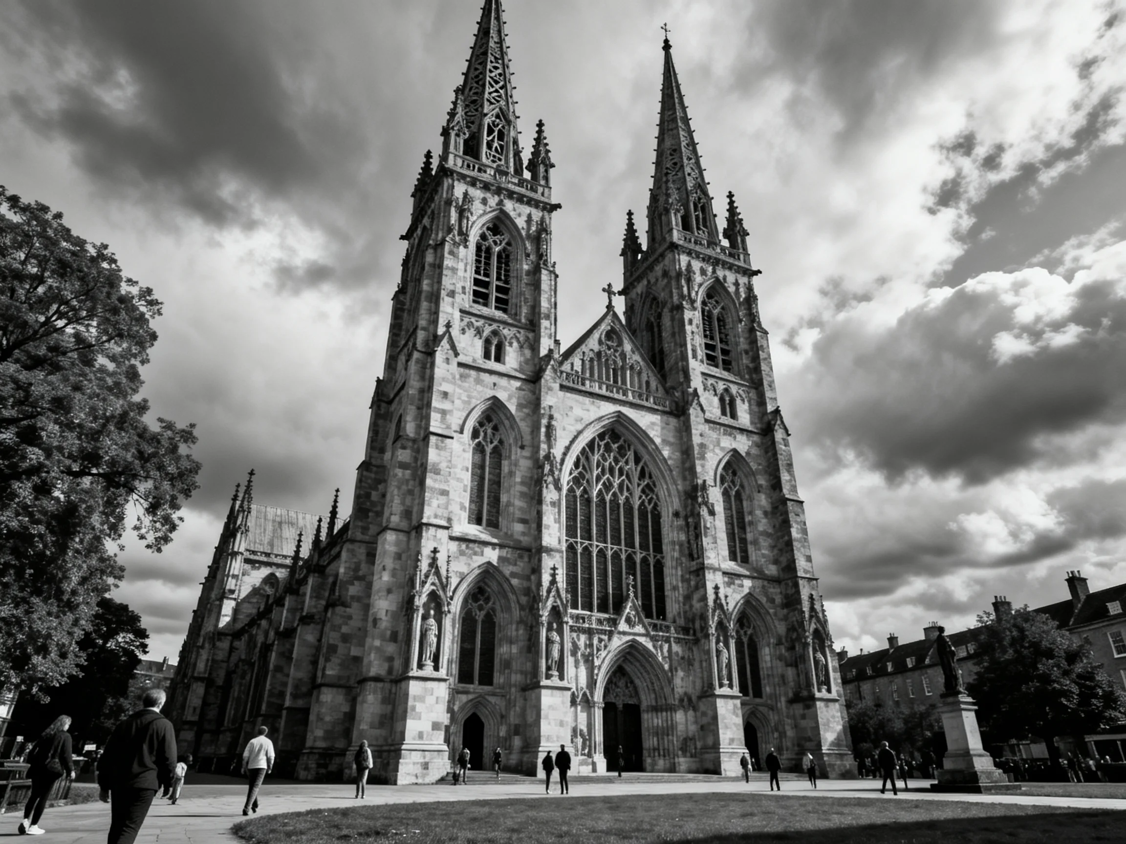 A grand Gothic cathedral with twin spires under dramatic cloudy skies
