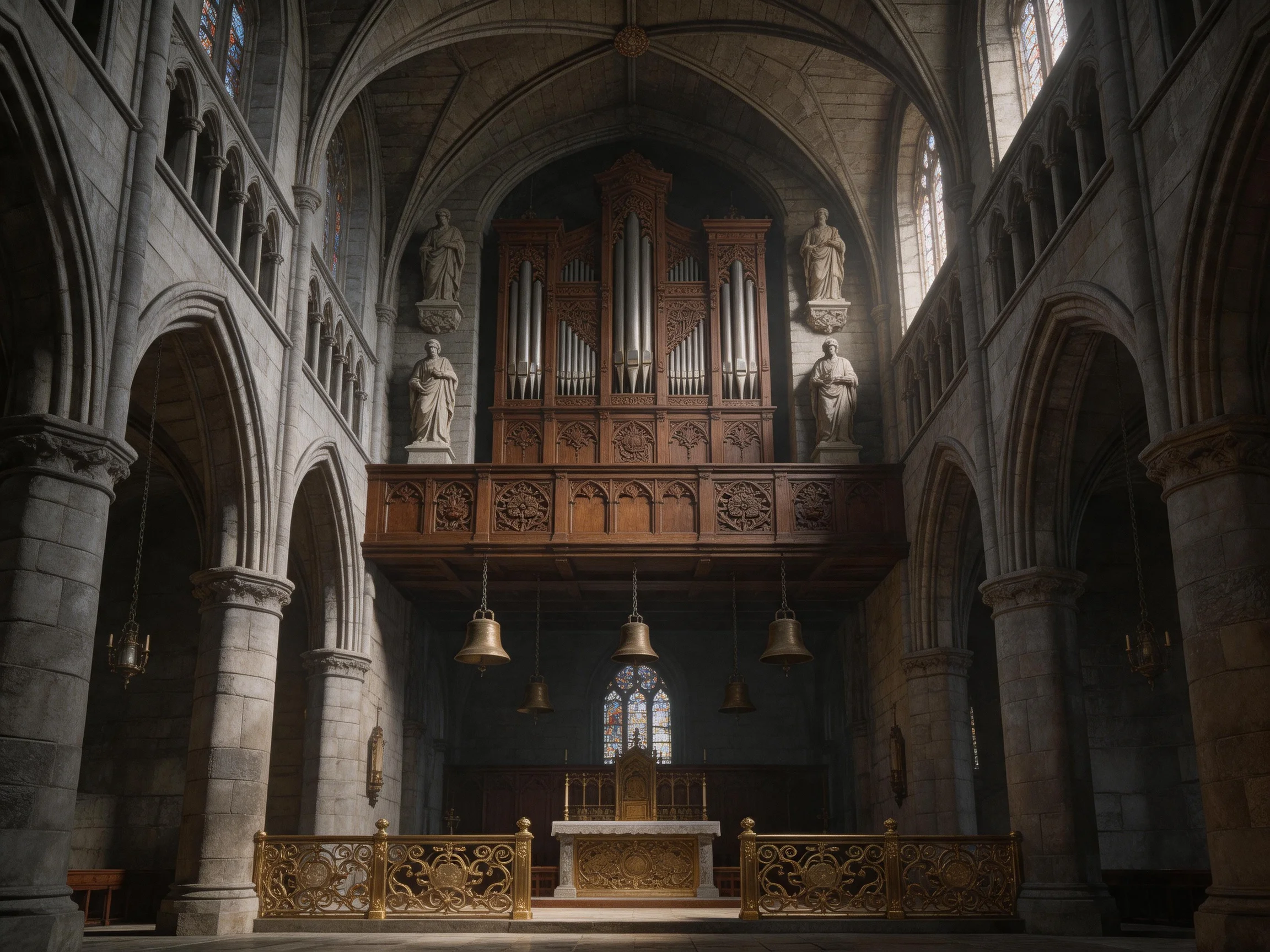 A grand Gothic church interior with wooden organ and stone architecture